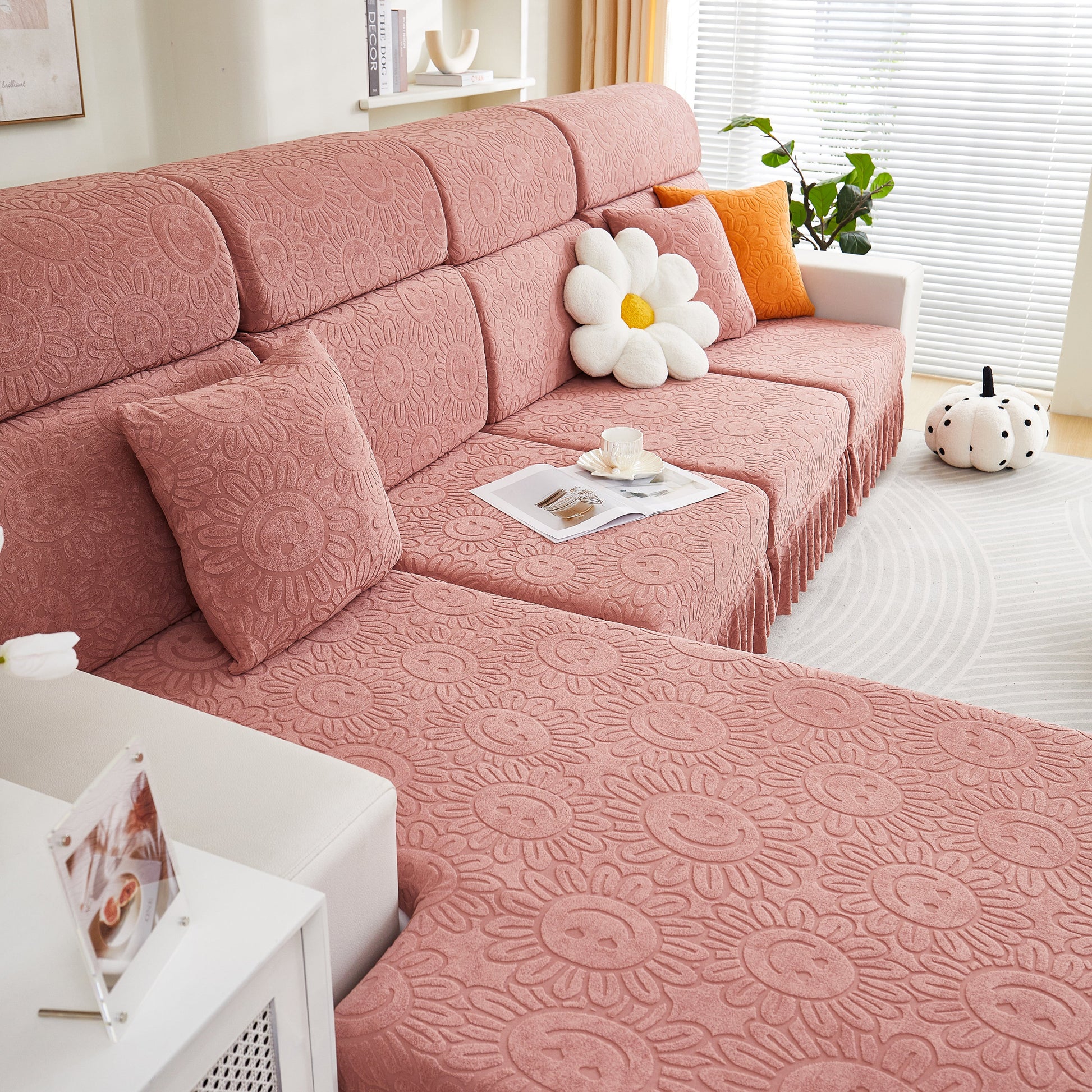 Sofa Seat Cover, Sunflower Patterned Elastic Skirted Couch Cushion Covers for 1/2/3/4-Seater Sofas in bright living room setting.