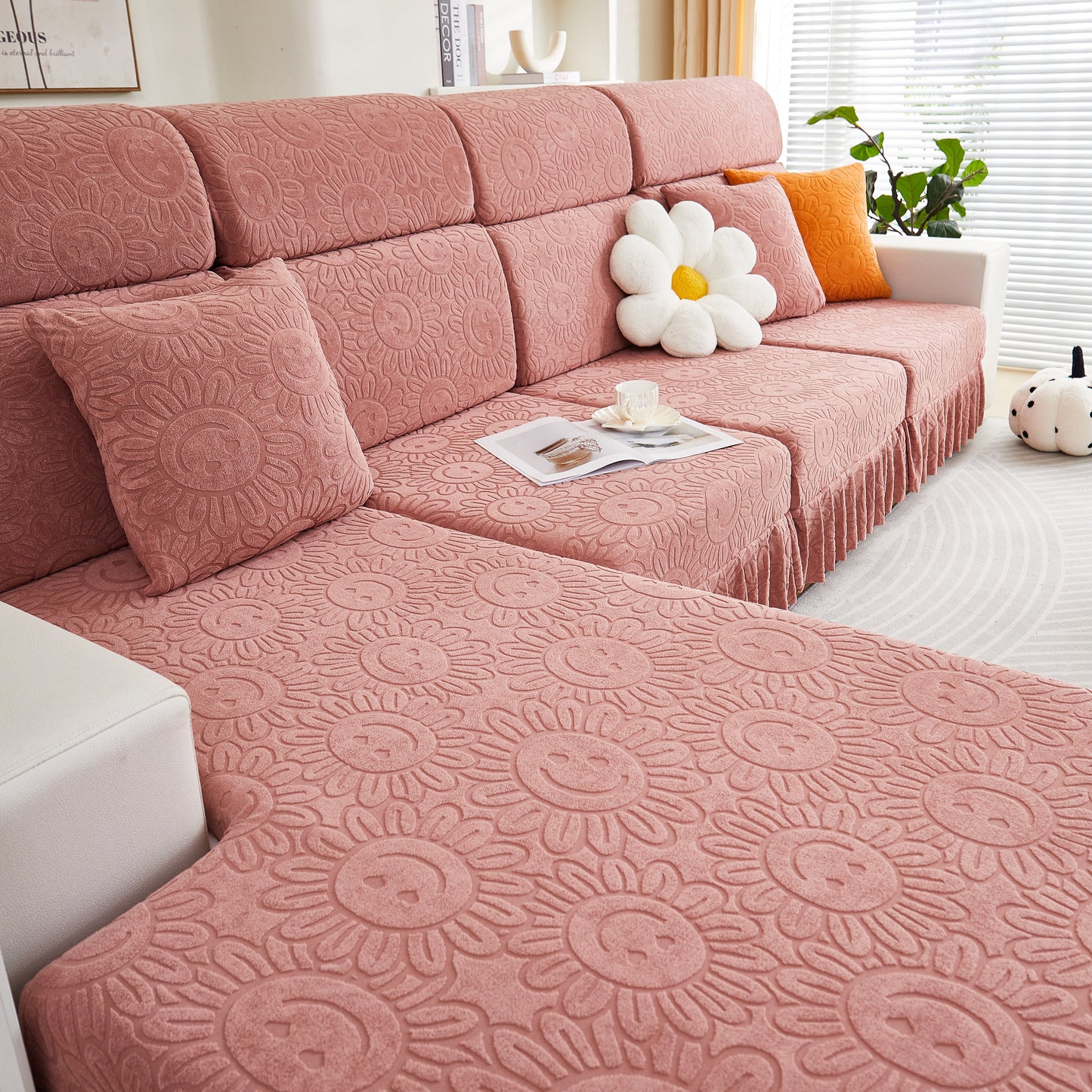 Sofa Seat Cover, Sunflower Patterned Elastic Skirted Couch Cushion Covers for 1/2/3/4-Seater Sofas displayed on a pink couch