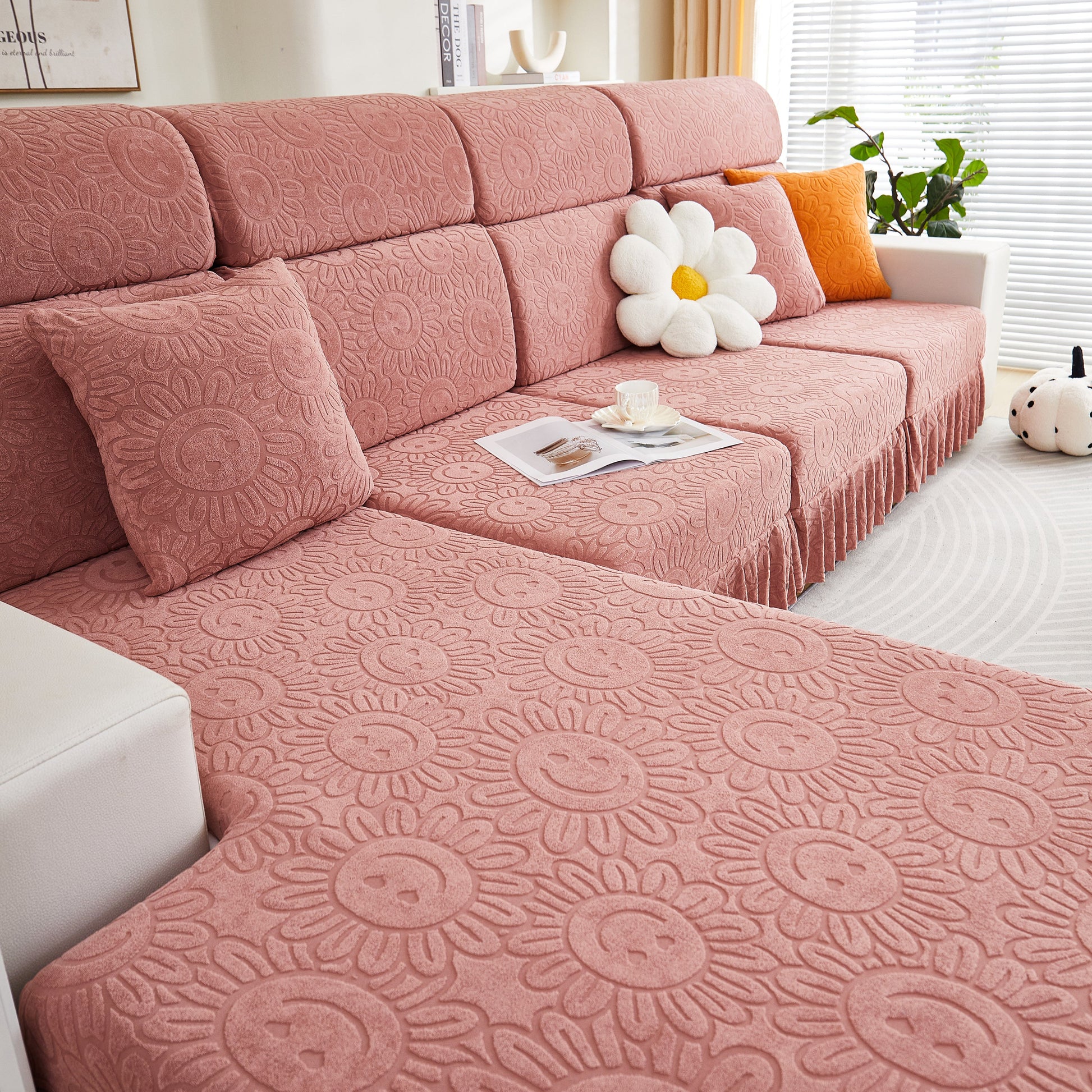 Sofa Seat Cover, Sunflower Patterned Elastic Skirted Couch Cushion Covers for 1/2/3/4-Seater Sofas displayed on a pink couch