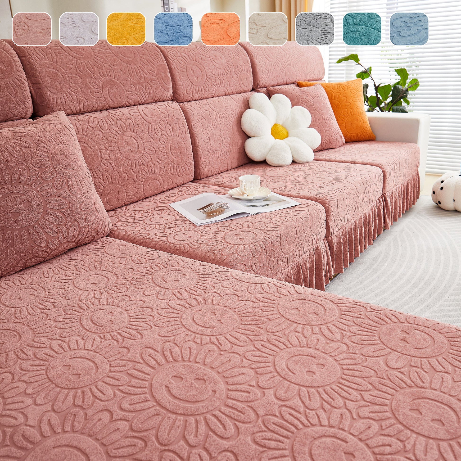 Sofa Seat Cover, Sunflower Patterned Elastic Skirted Couch Cushion Covers for 1/2/3/4-Seater Sofas in living room setting