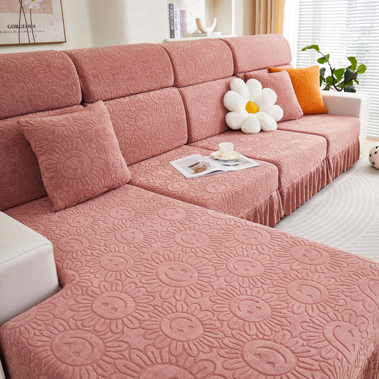 Sofa Seat Cover, Sunflower Patterned Elastic Skirted Couch Cushion Covers for 1/2/3/4-Seater Sofas in a modern living room