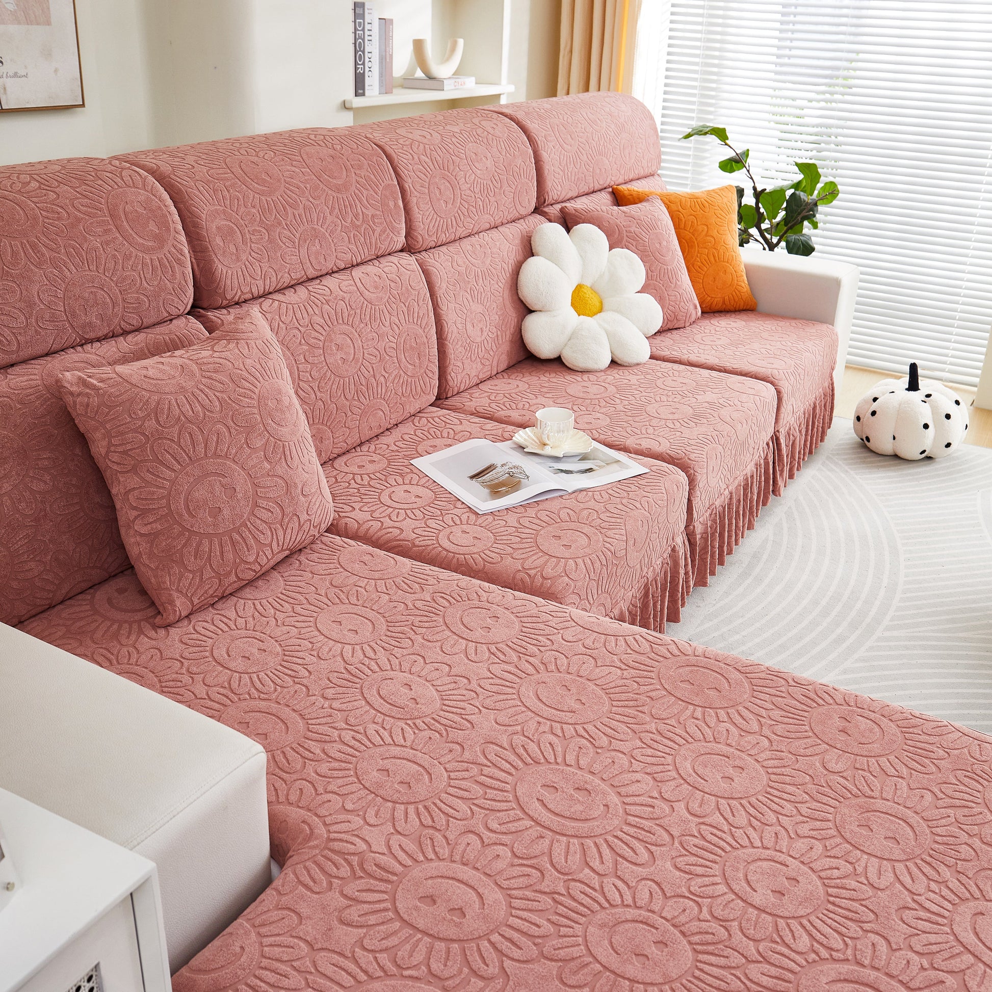 Sofa Seat Cover, Sunflower Patterned Elastic Skirted Couch Cushion Covers for 1/2/3/4-Seater Sofas displayed in a living room.