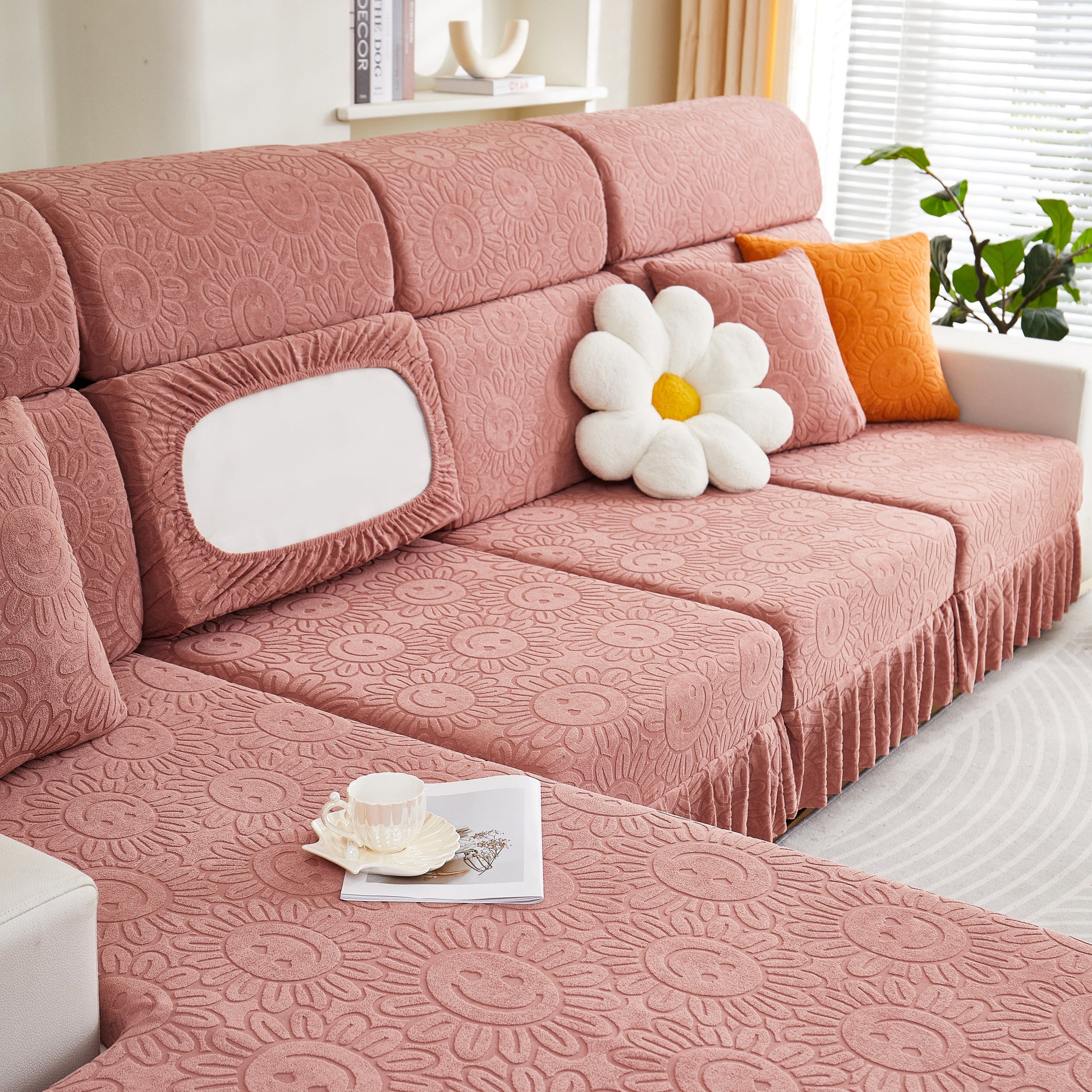 Sofa Seat Cover, Sunflower Patterned Elastic Skirted Couch Cushion Covers for 1/2/3/4-Seater Sofas