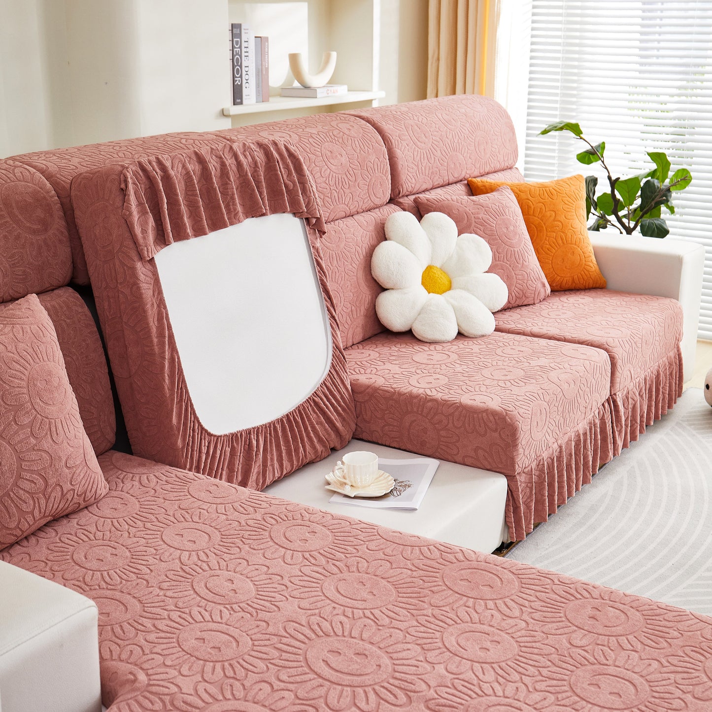 Sofa Seat Cover, Sunflower Patterned Elastic Skirted Couch Cushion Covers for 1/2/3/4-Seater Sofas shown on a stylish living room setup.