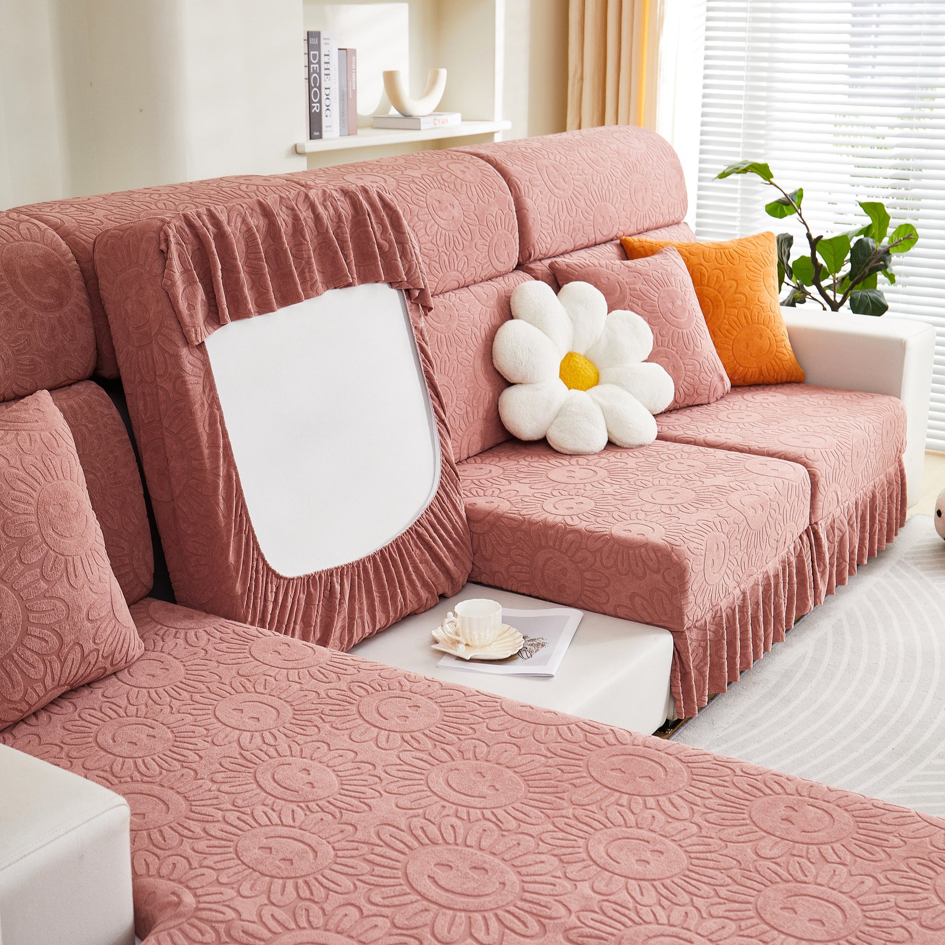 Sofa Seat Cover, Sunflower Patterned Elastic Skirted Couch Cushion Covers for 1/2/3/4-Seater Sofas shown on a stylish living room setup.