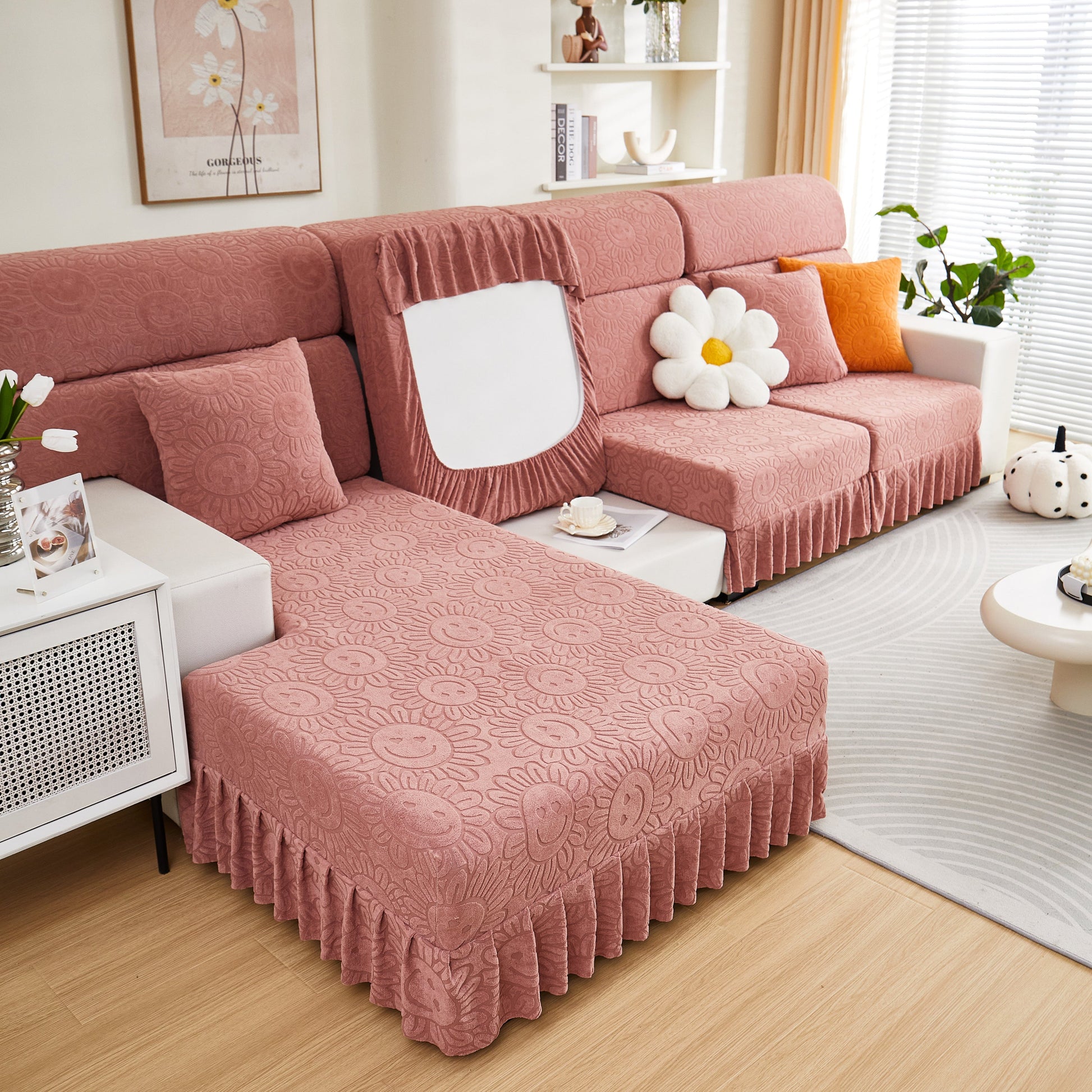 Sofa Seat Cover, Sunflower Patterned Elastic Skirted Couch Cushion Covers for 1/2/3/4-Seater Sofas in a stylish living room