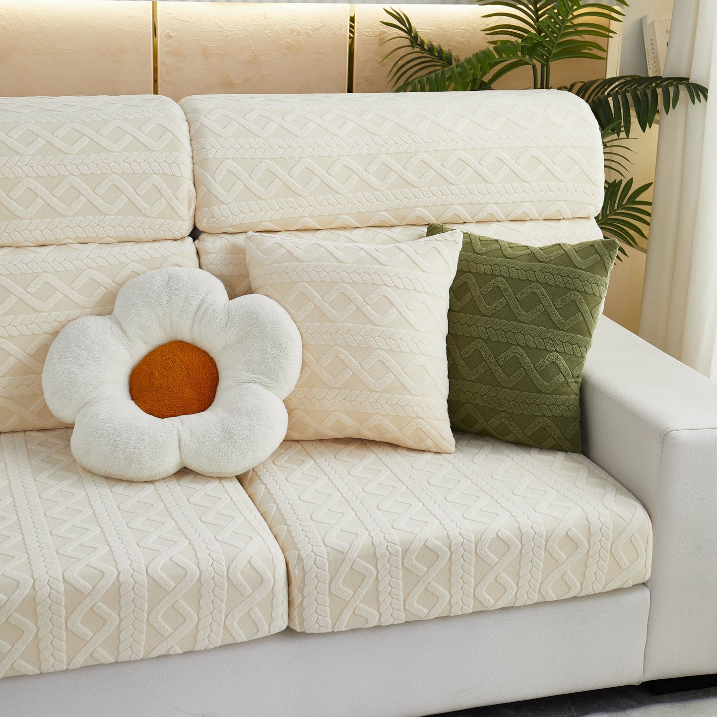 Ivory sofa with stretch couch seat cushion covers, sofa slipcover sofa cover soft flexibility with elastic bottom, floral pillow.
