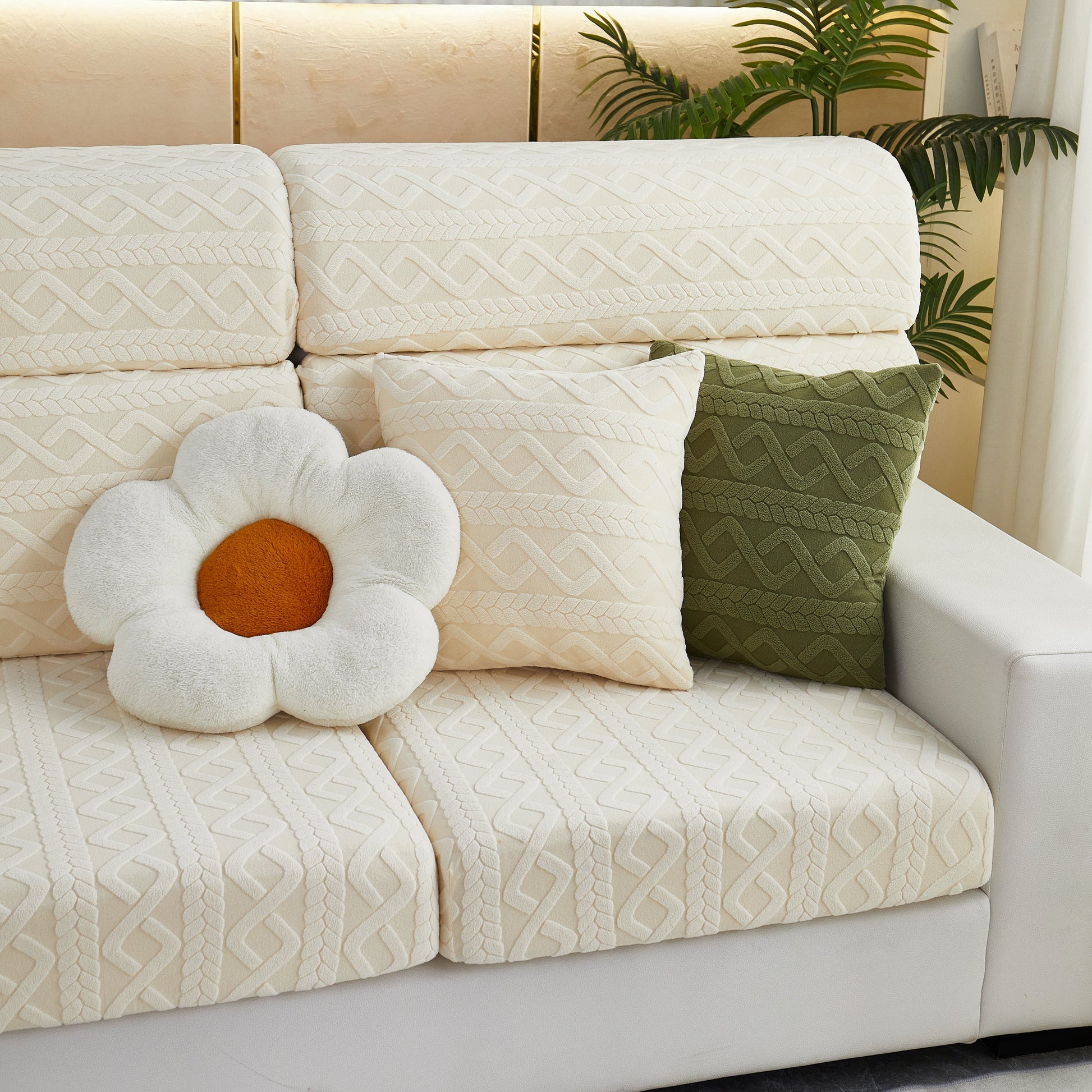 Ivory sofa with stretch couch seat cushion covers, sofa slipcover sofa cover soft flexibility with elastic bottom, floral pillow.