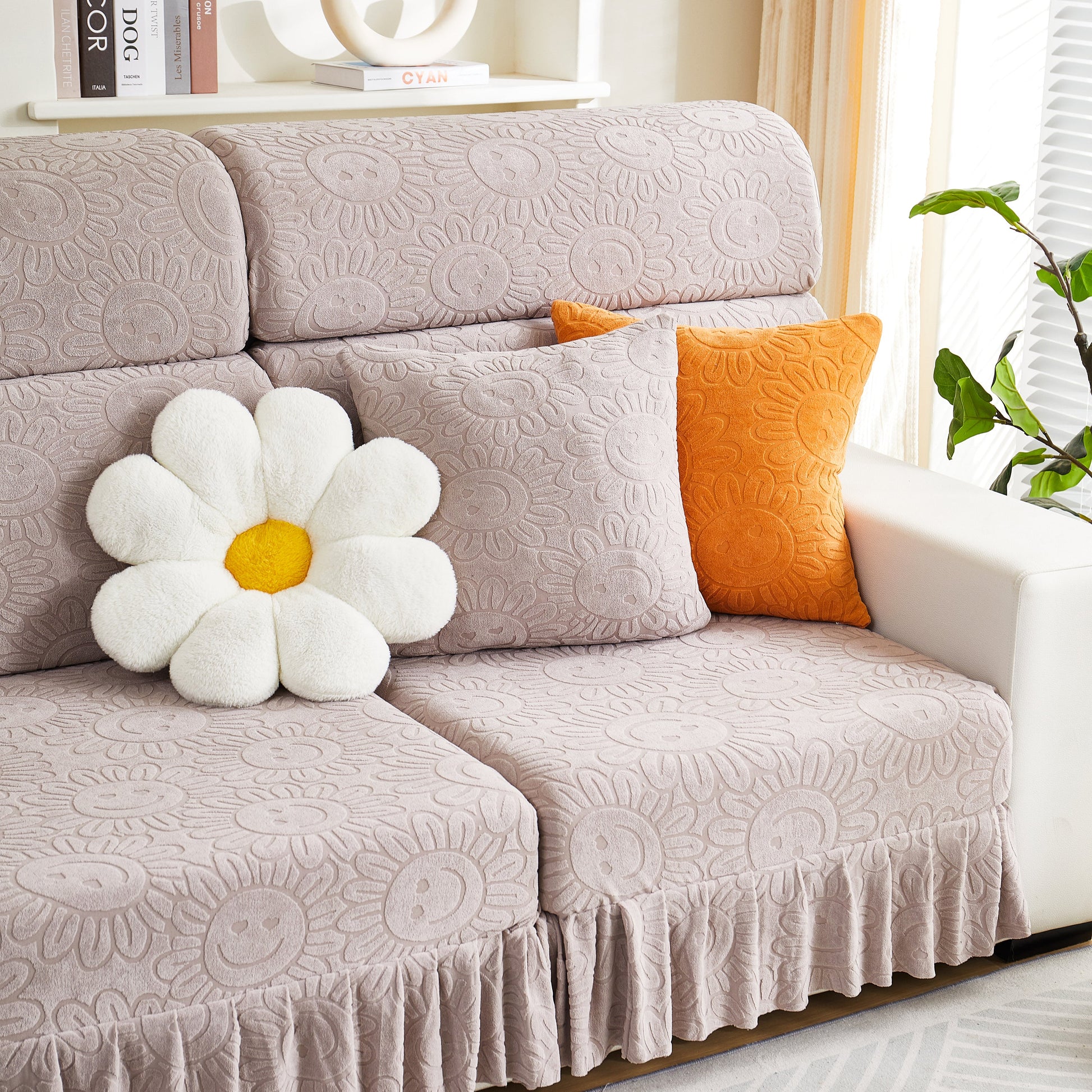 Sofa Seat Cover, Sunflower Patterned Elastic Skirted Couch Cushion Covers for 1/2/3/4-Seater Sofas on cream sofa with pillows