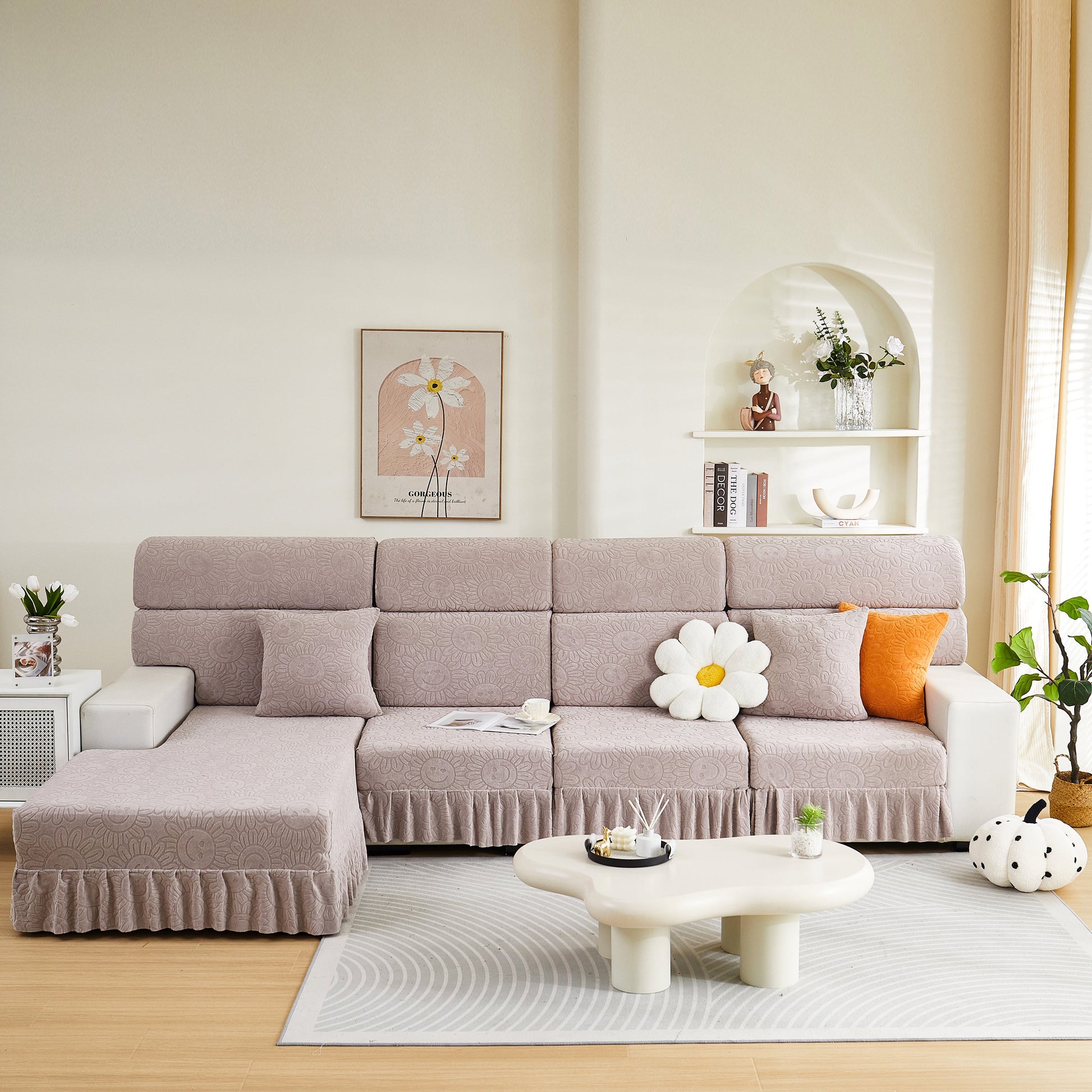 Sofa Seat Cover, Sunflower Patterned Elastic Skirted Couch Cushion Covers for 1/2/3/4-Seater Sofas displayed in modern living room