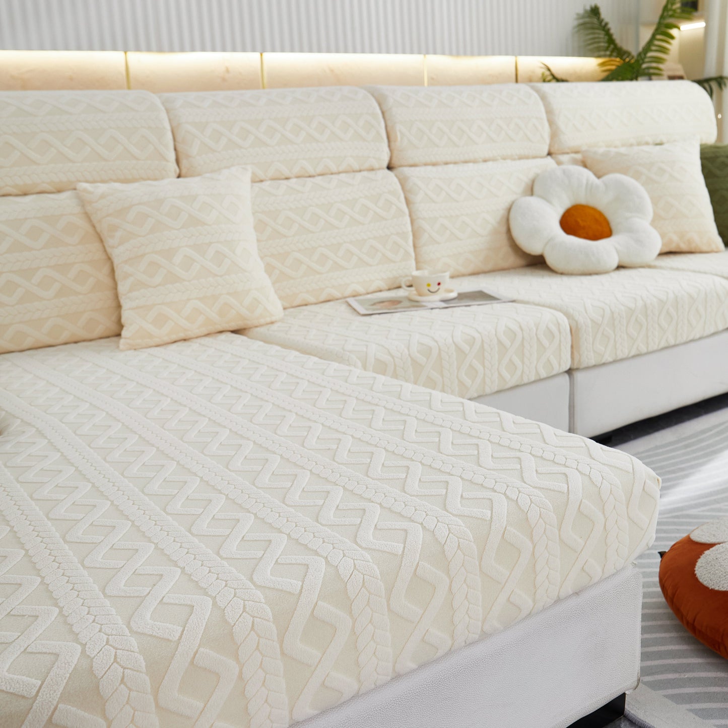 Stretch Couch Seat Cushion Covers, Sofa Slipcover Sofa Cover Soft Flexibility with Elastic Bottom, beige sofa with floral pillow