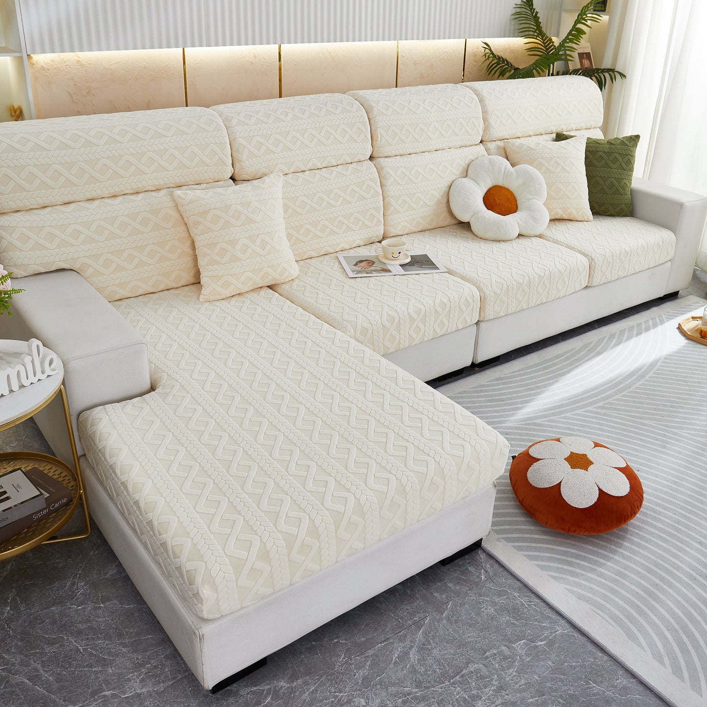 Stretch Couch Seat Cushion Covers, Sofa Slipcover Sofa Cover Soft Flexibility with Elastic Bottom on a cream sectional sofa