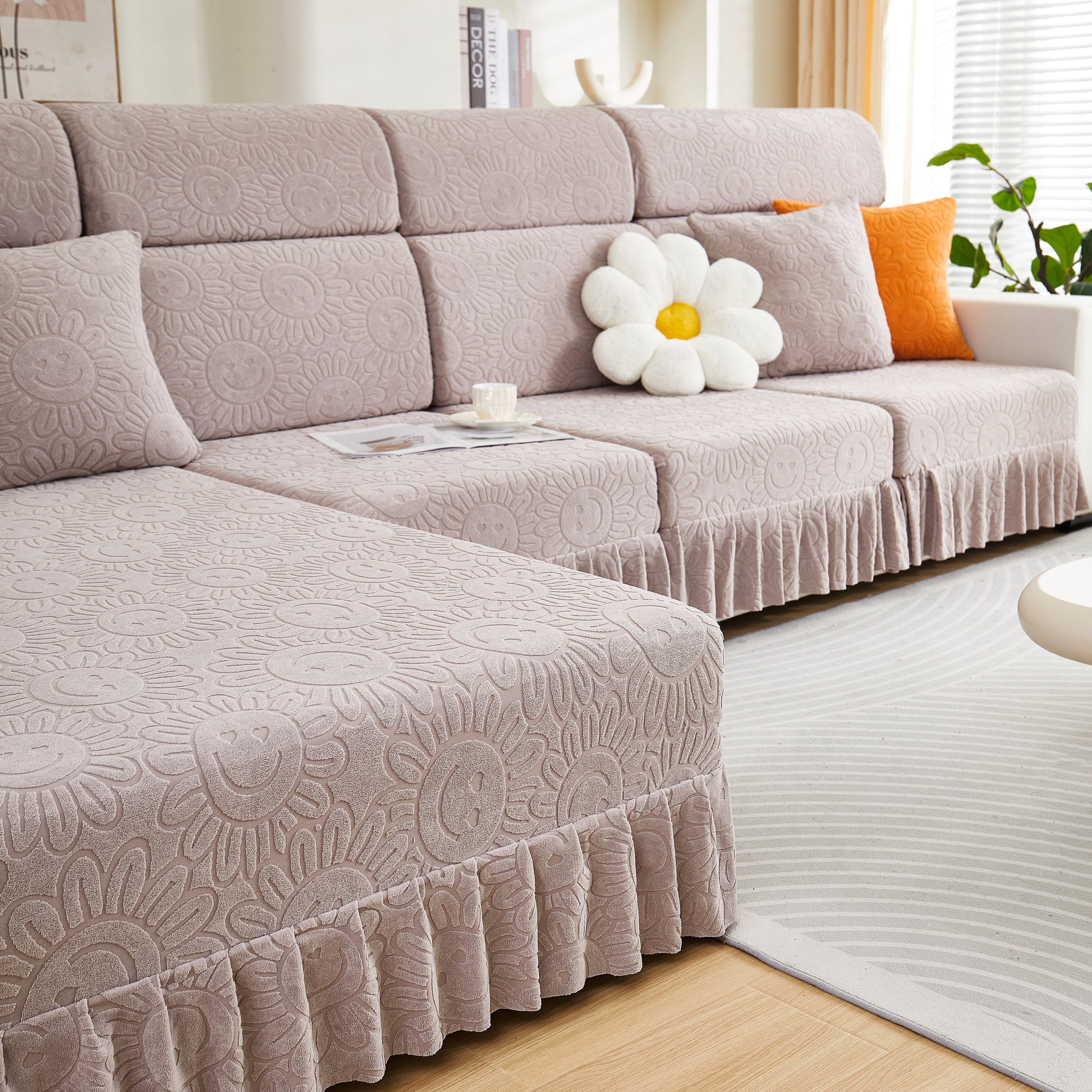Sofa Seat Cover, Sunflower Patterned Elastic Skirted Couch Cushion Covers for 1/2/3/4-Seater Sofas displayed in a living room setting
