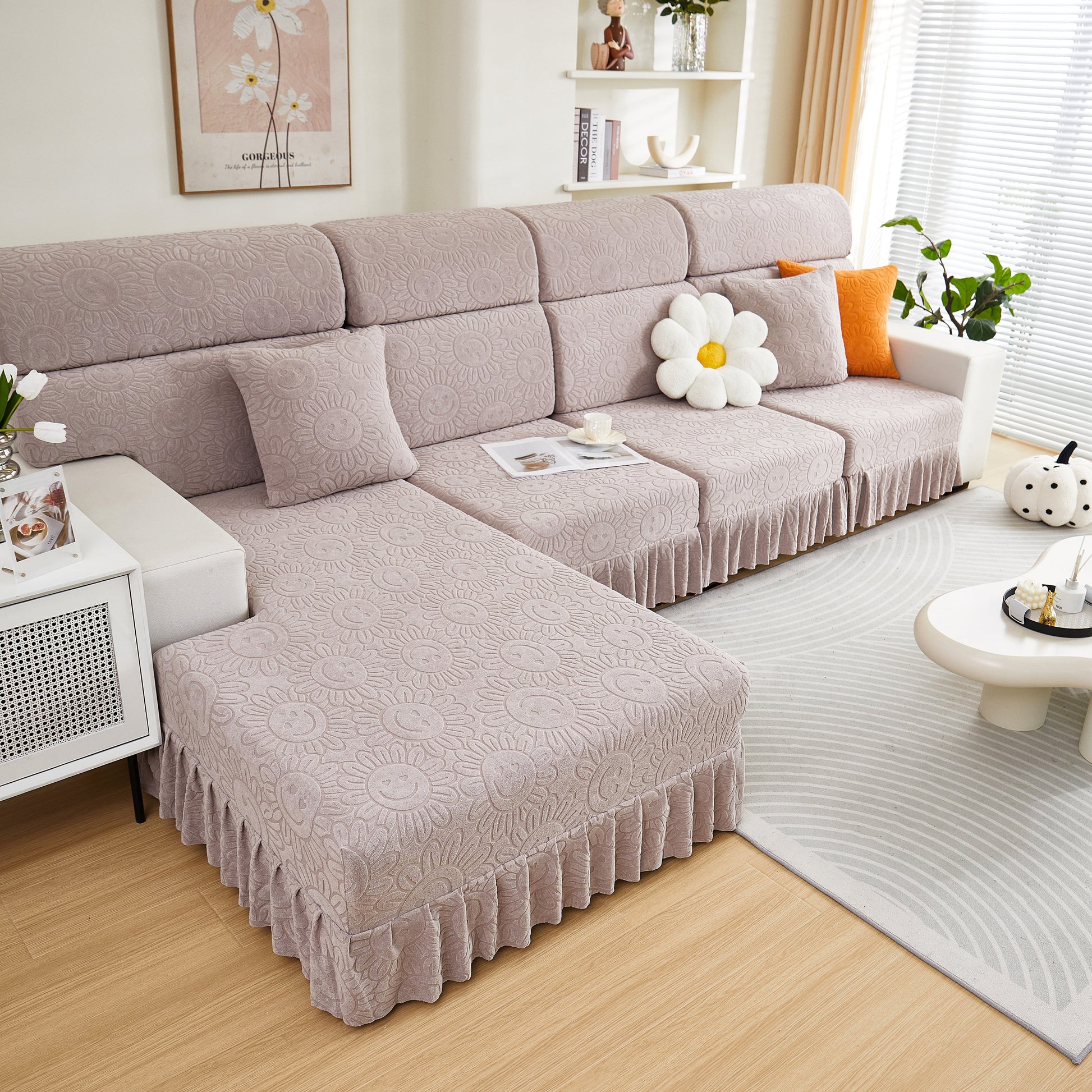 Sofa Seat Cover, Sunflower Patterned Elastic Skirted Couch Cushion Covers for 1/2/3/4-Seater Sofas in a modern living room setting.