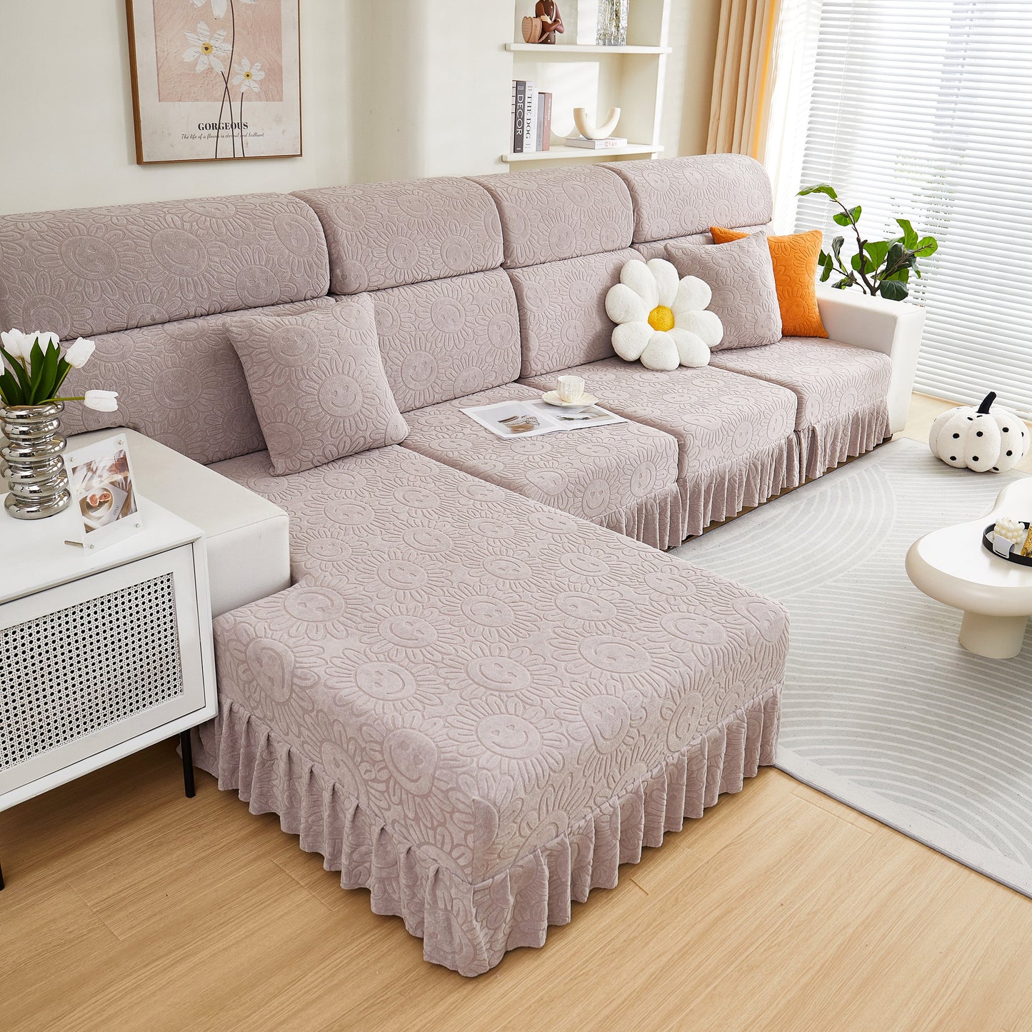 Sofa Seat Cover, Sunflower Patterned Elastic Skirted Couch Cushion Covers for 1/2/3/4-Seater Sofas enhancing a stylish living room.