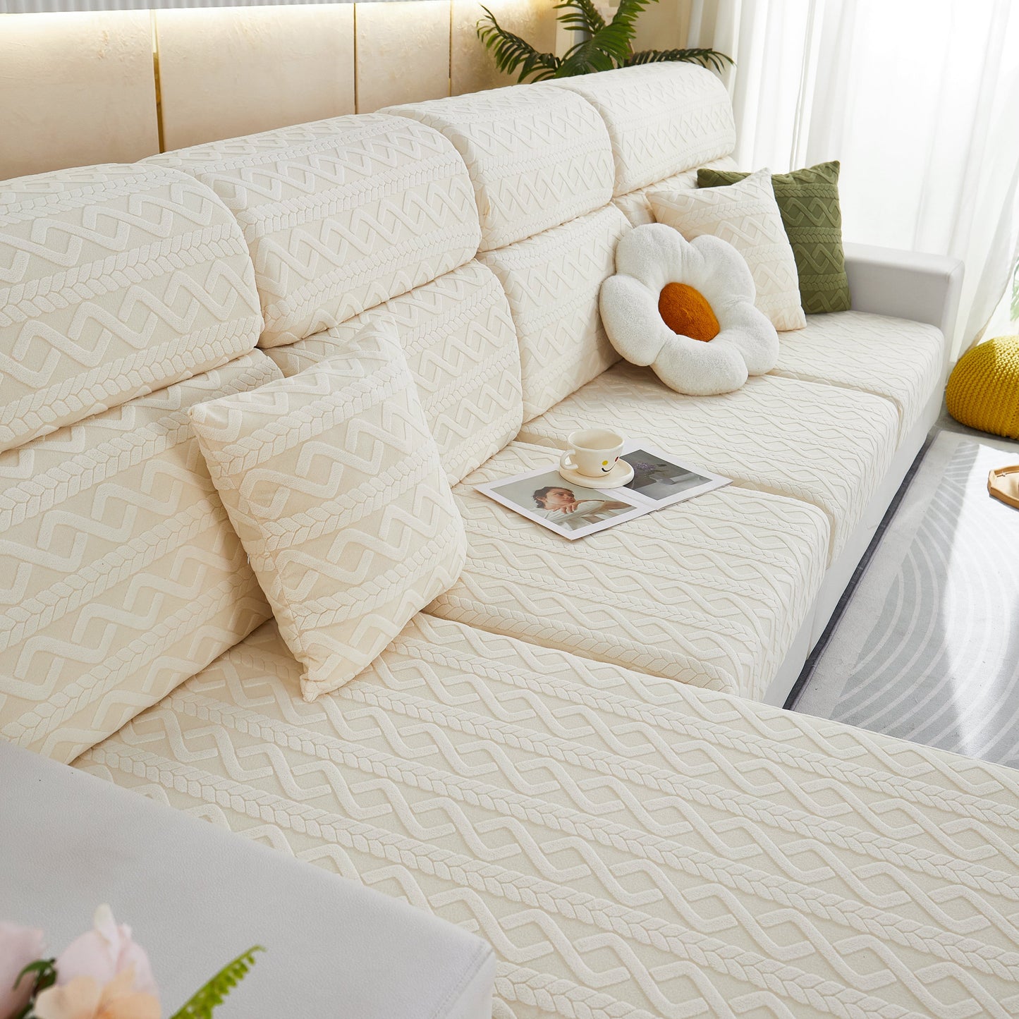 Stretch Couch Seat Cushion Covers, Sofa Slipcover Sofa Cover Soft Flexibility with Elastic Bottom in cream color on a modern sofa