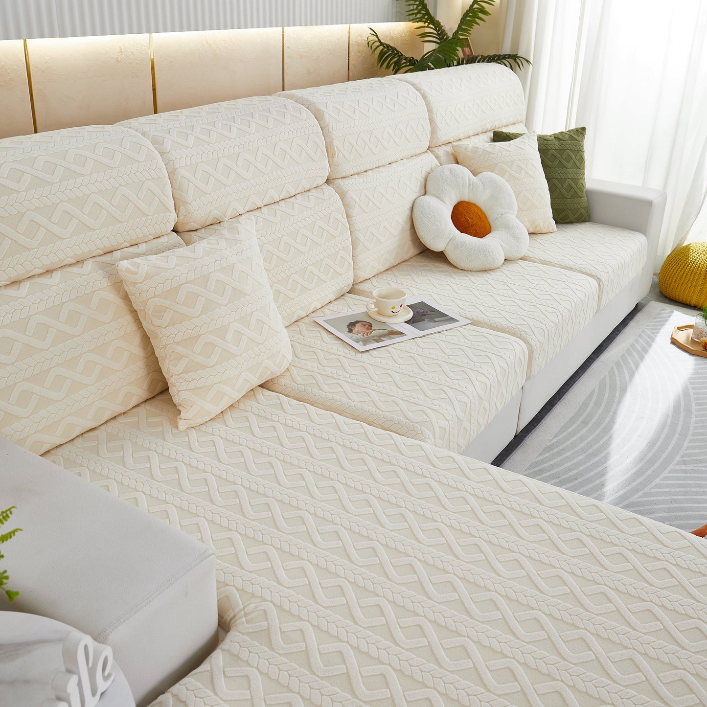 Cream-colored Stretch Couch Seat Cushion Covers, Sofa Slipcover Sofa Cover Soft Flexibility with Elastic Bottom in a modern living room.