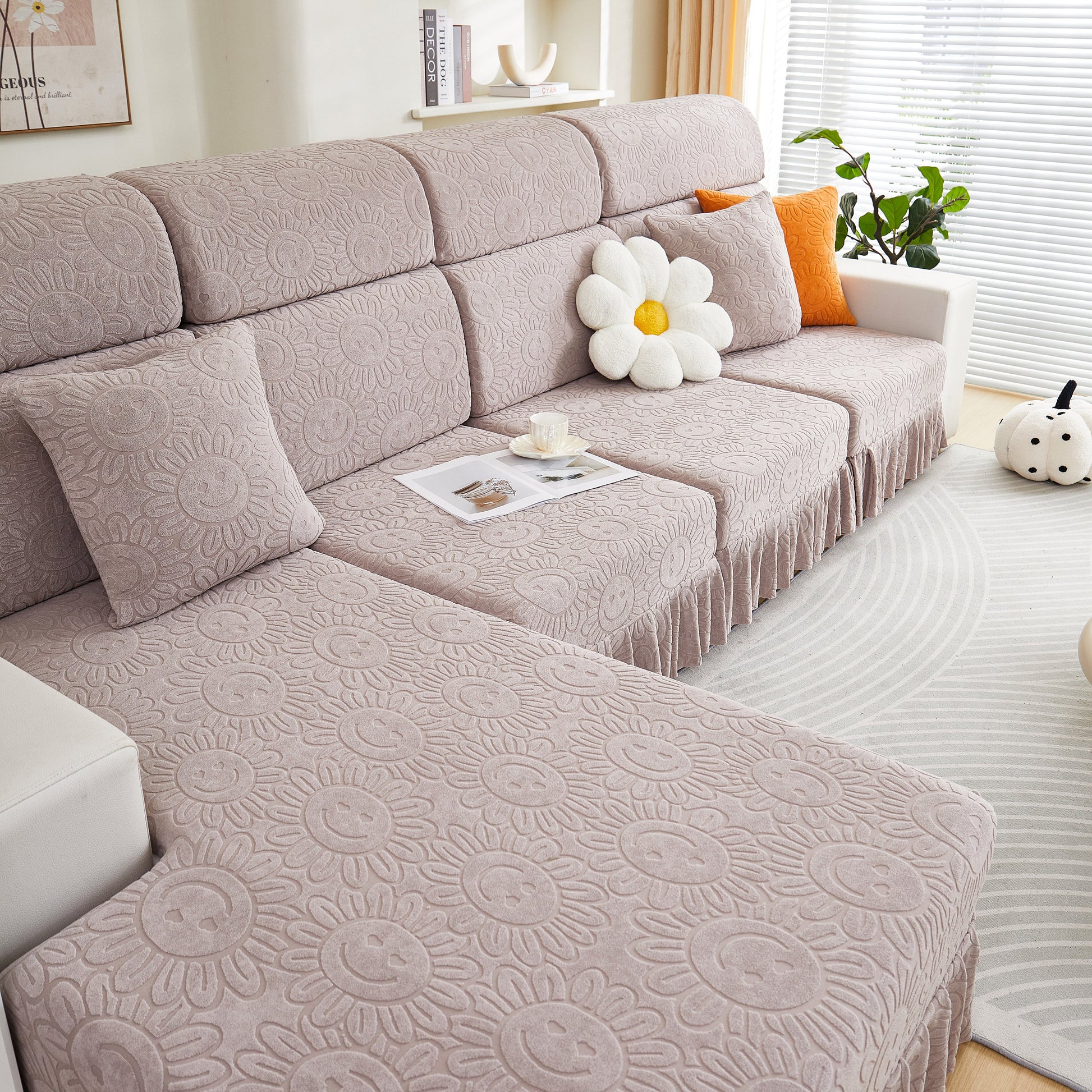 Sofa Seat Cover, Sunflower Patterned Elastic Skirted Couch Cushion Covers for 1/2/3/4-Seater Sofas on a stylish living room sofa