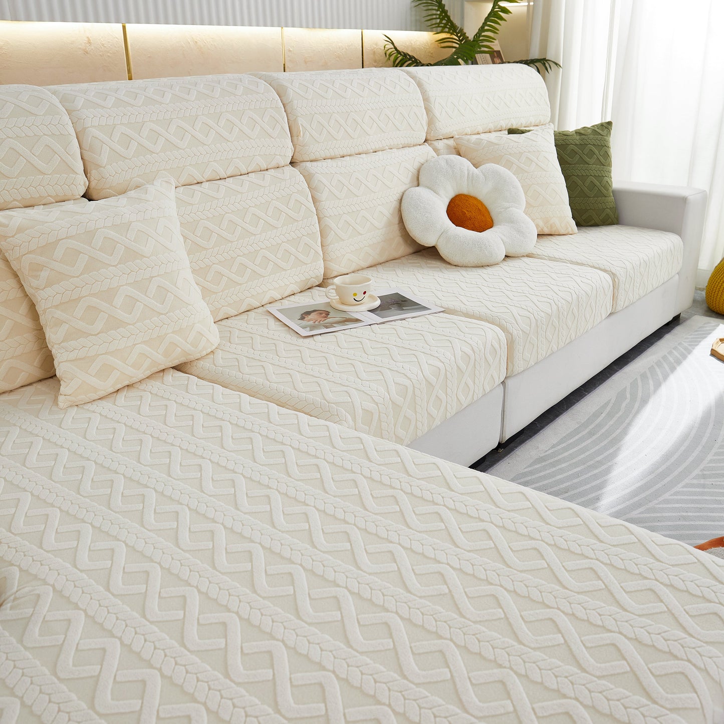 Stretch Couch Seat Cushion Covers, Sofa Slipcover Sofa Cover Soft Flexibility with Elastic Bottom on a beige sofa