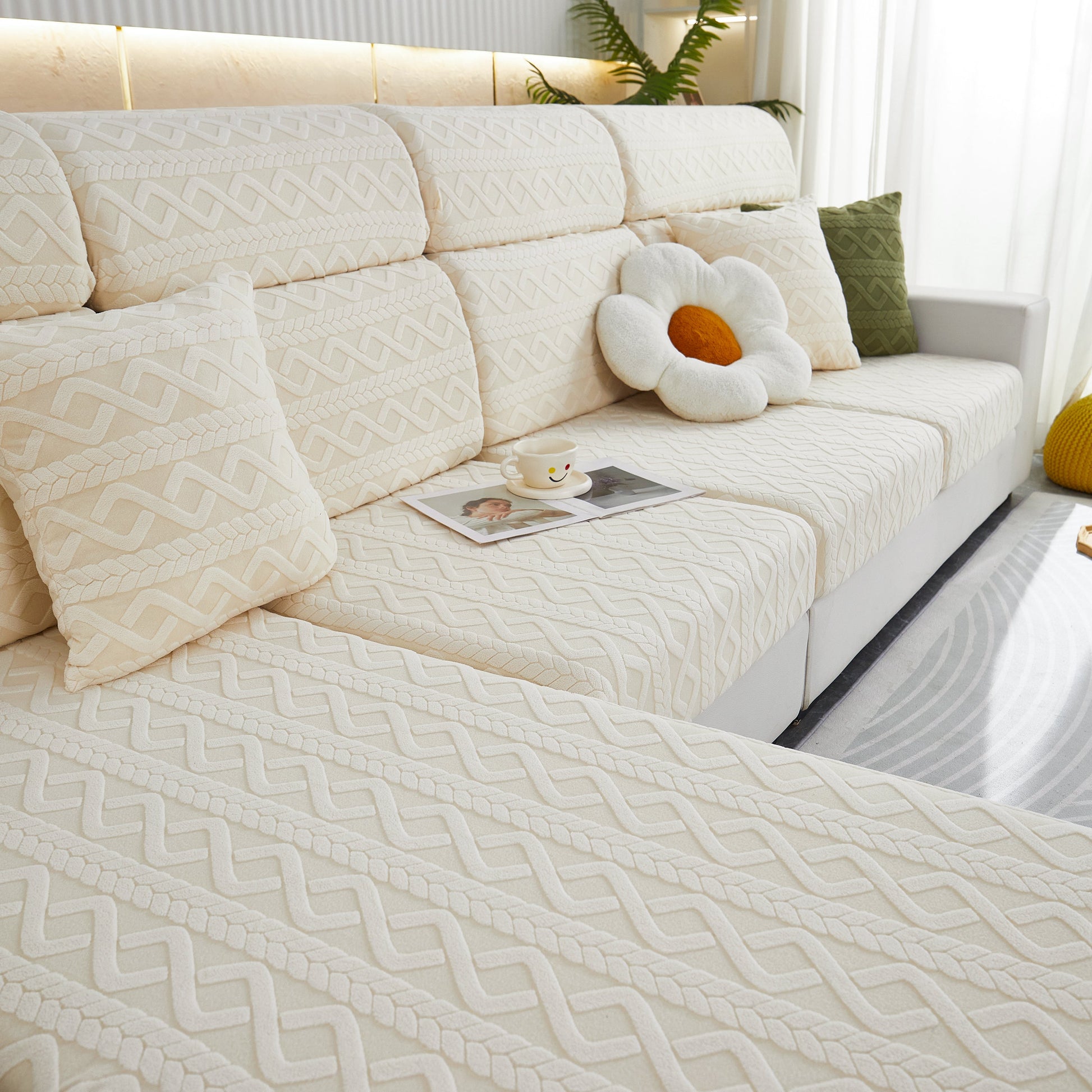 Cream sofa with Stretch Couch Seat Cushion Covers, Sofa Slipcover Sofa Cover Soft Flexibility with Elastic Bottom in modern living room.