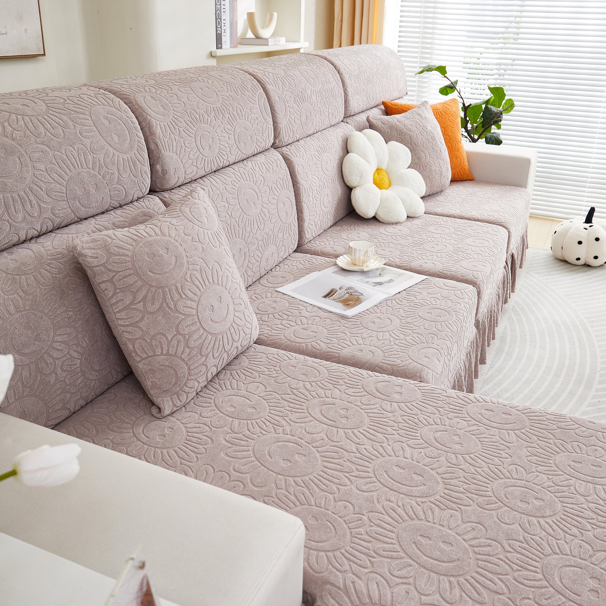 Sofa Seat Cover, Sunflower Patterned Elastic Skirted Couch Cushion Covers for 1/2/3/4-Seater Sofas in a stylish living room setting.