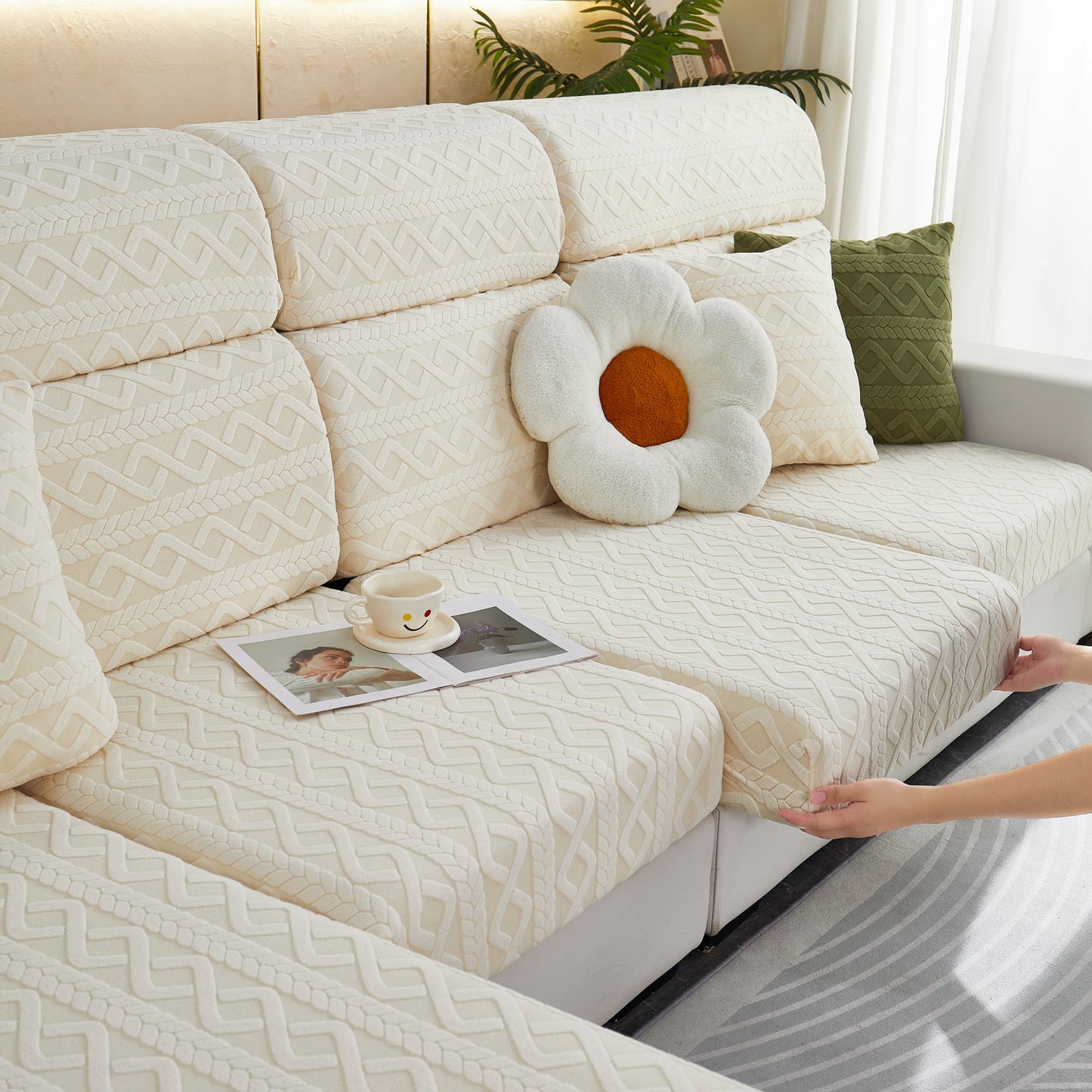Stretch Couch Seat Cushion Covers, Sofa Slipcover Sofa Cover Soft Flexibility with Elastic Bottom in a living room setting
