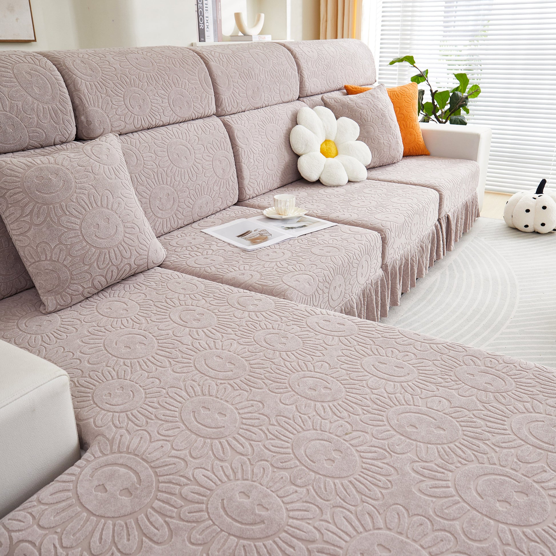 Sofa Seat Cover, Sunflower Patterned Elastic Skirted Couch Cushion Covers for 1/2/3/4-Seater Sofas in a living room setting.