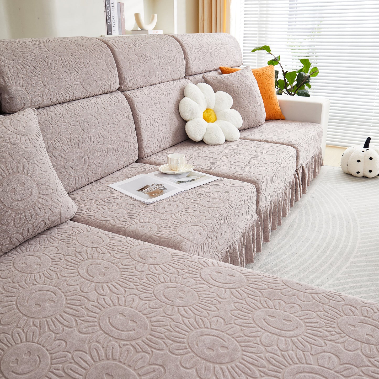 Sofa Seat Cover, Sunflower Patterned Elastic Skirted Couch Cushion Covers for 1/2/3/4-Seater Sofas in modern living room setting