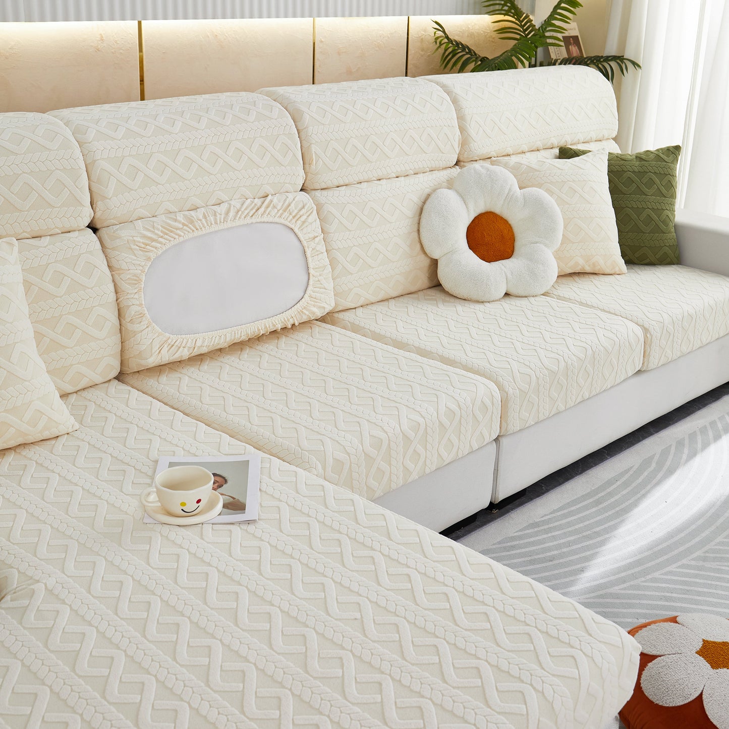 Stretch Couch Seat Cushion Covers, Sofa Slipcover Sofa Cover Soft Flexibility with Elastic Bottom in a modern living room.