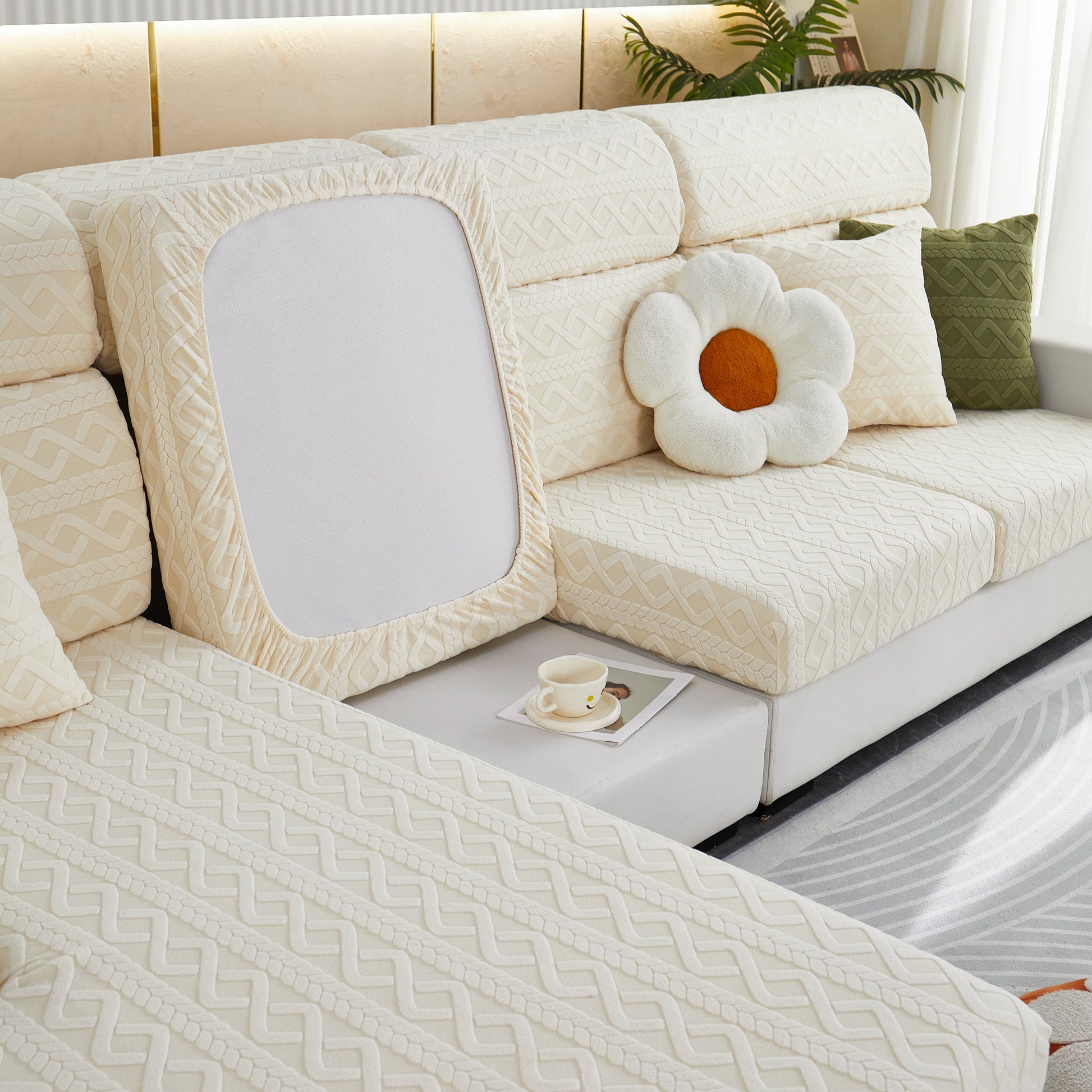 Stretch Couch Seat Cushion Covers, Sofa Slipcover Sofa Cover Soft Flexibility with Elastic Bottom on modern living room sofa