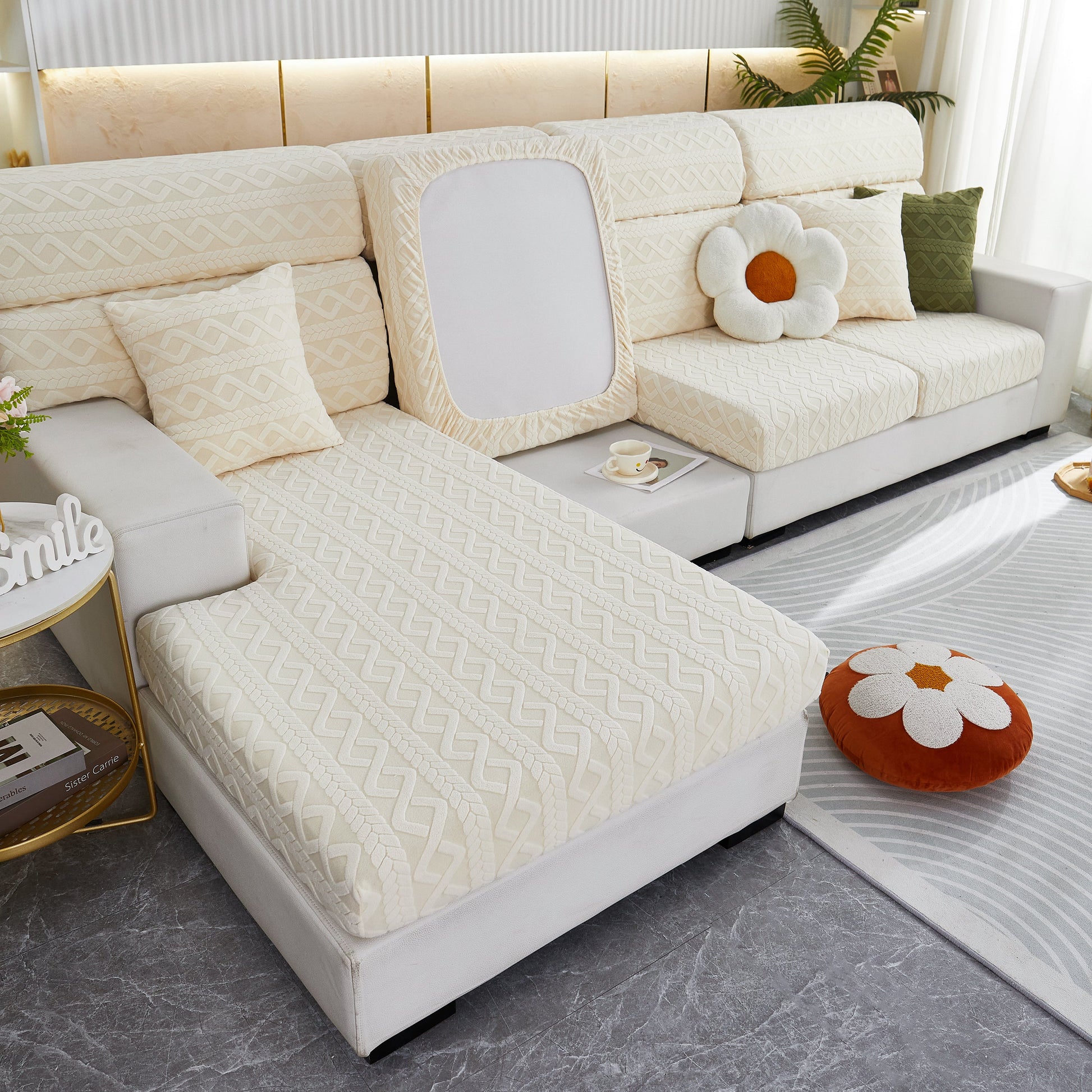 Stretch Couch Seat Cushion Covers, Sofa Slipcover Sofa Cover Soft Flexibility with Elastic Bottom on a modern sectional sofa