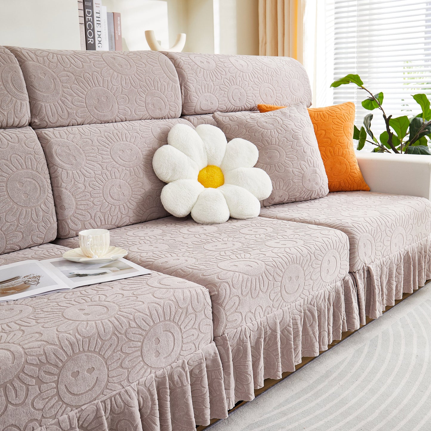 Sofa Seat Cover, Sunflower Patterned Elastic Skirted Couch Cushion Covers for 1/2/3/4-Seater Sofas in living room setting.