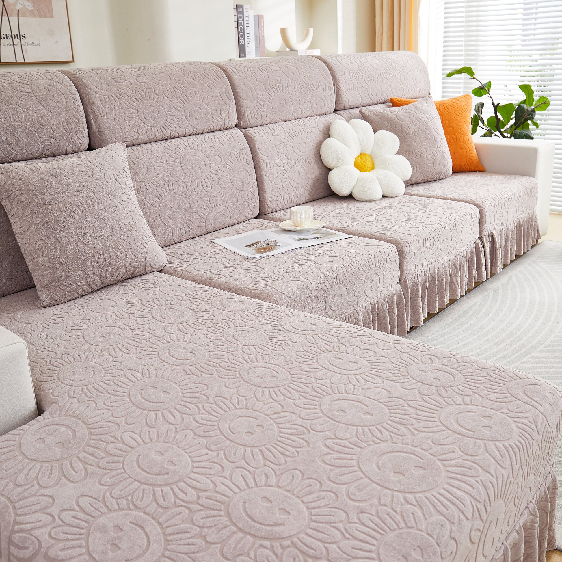 Sofa Seat Cover, Sunflower Patterned Elastic Skirted Couch Cushion Covers for 1/2/3/4-Seater Sofas in a living room setting