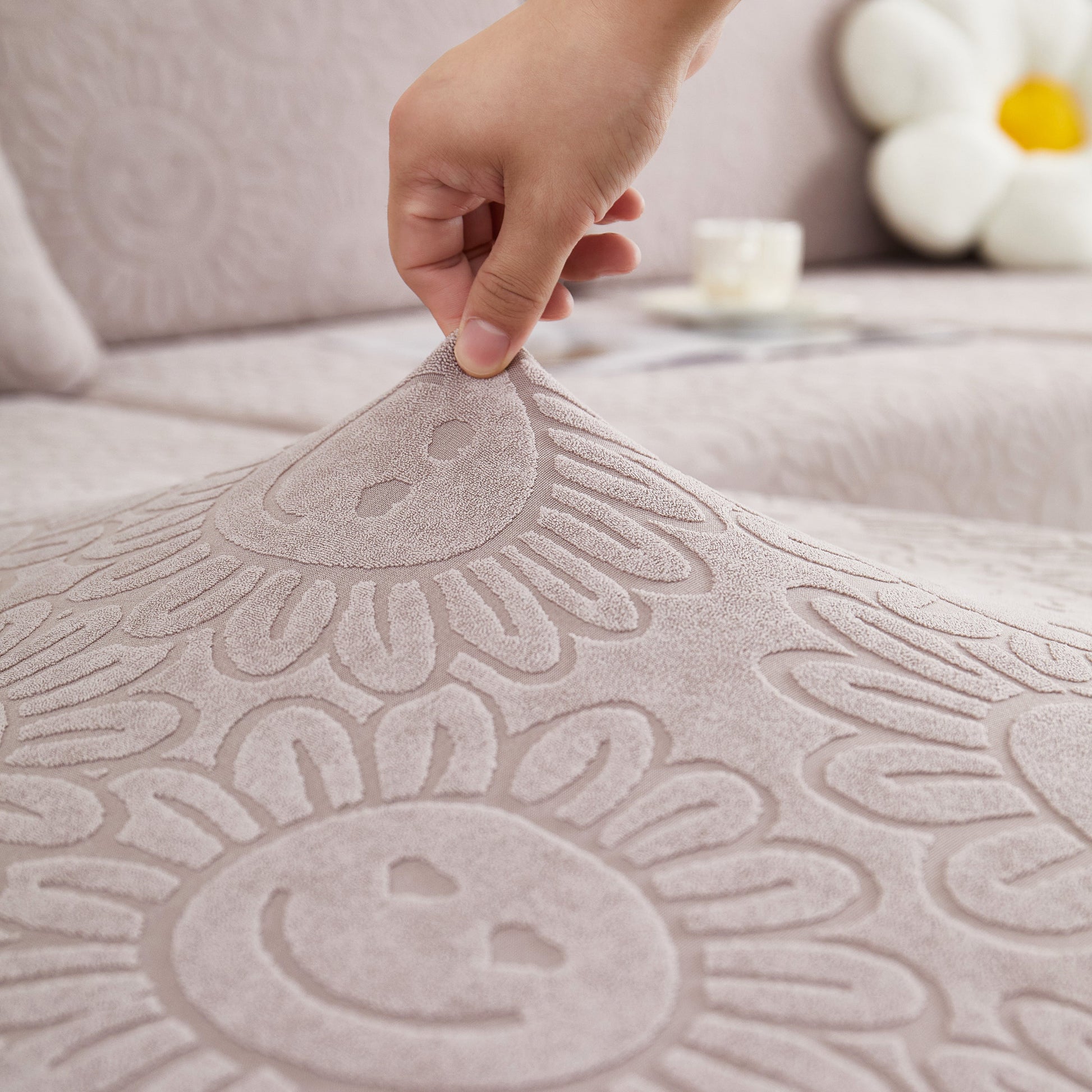 Sofa Seat Cover, Sunflower Patterned Elastic Skirted Couch Cushion Covers for 1/2/3/4-Seater Sofas, showing close-up of fabric design
