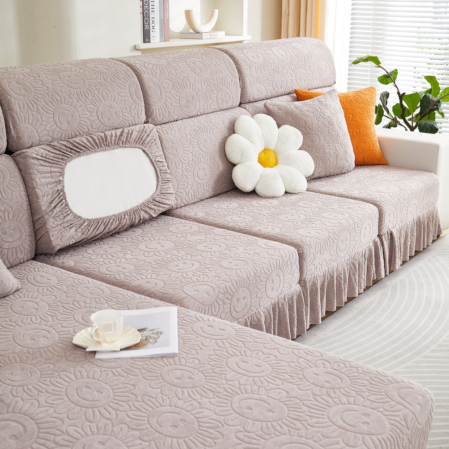 Sofa Seat Cover, Sunflower Patterned Elastic Skirted Couch Cushion Covers for 1/2/3/4-Seater Sofas shown in a living room setting