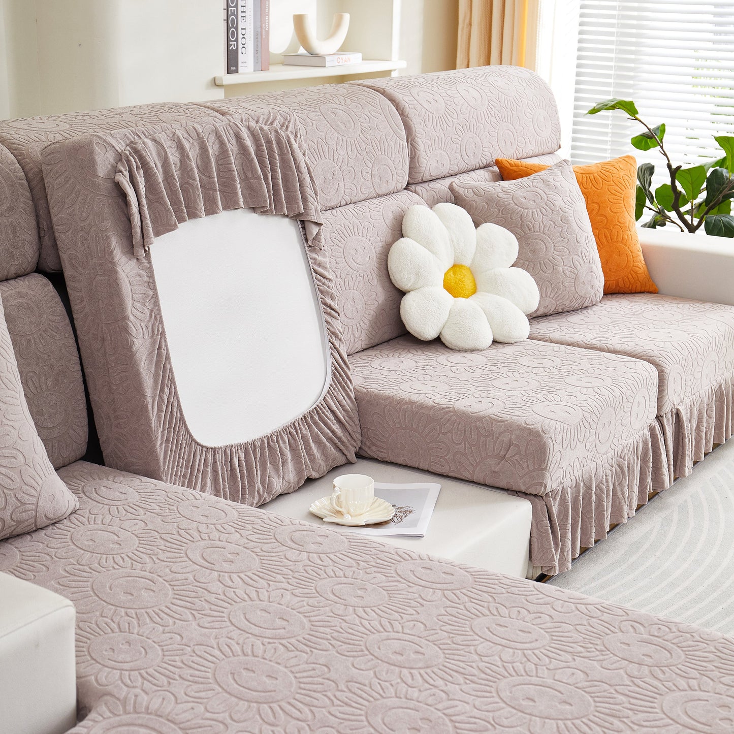 Sofa Seat Cover, Sunflower Patterned Elastic Skirted Couch Cushion Covers for 1/2/3/4-Seater Sofas displayed in cozy living room.