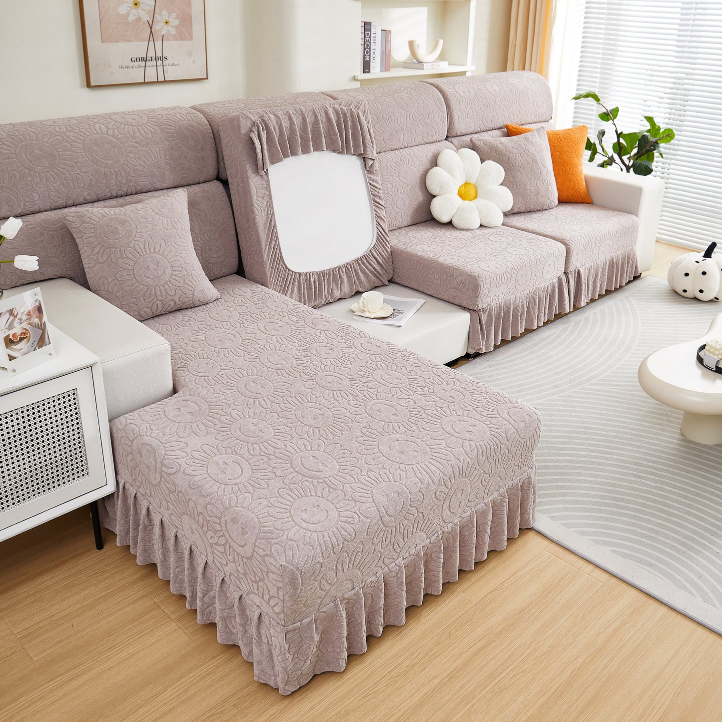 Sofa Seat Cover, Sunflower Patterned Elastic Skirted Couch Cushion Covers for 1/2/3/4-Seater Sofas in living room setting.
