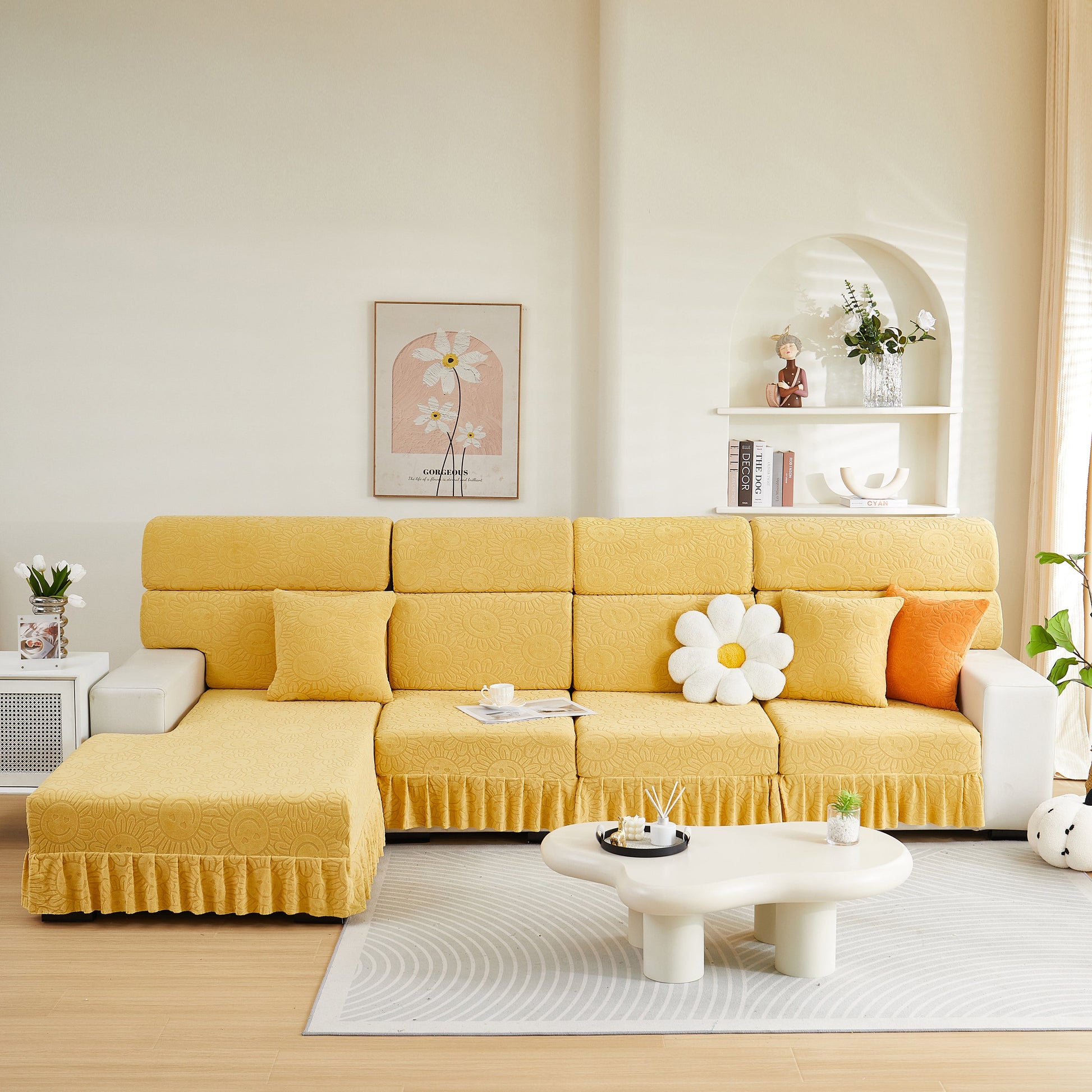 Sofa Seat Cover, Sunflower Patterned Elastic Skirted Couch Cushion Covers for 1/2/3/4-Seater Sofas enhancing living room decor.