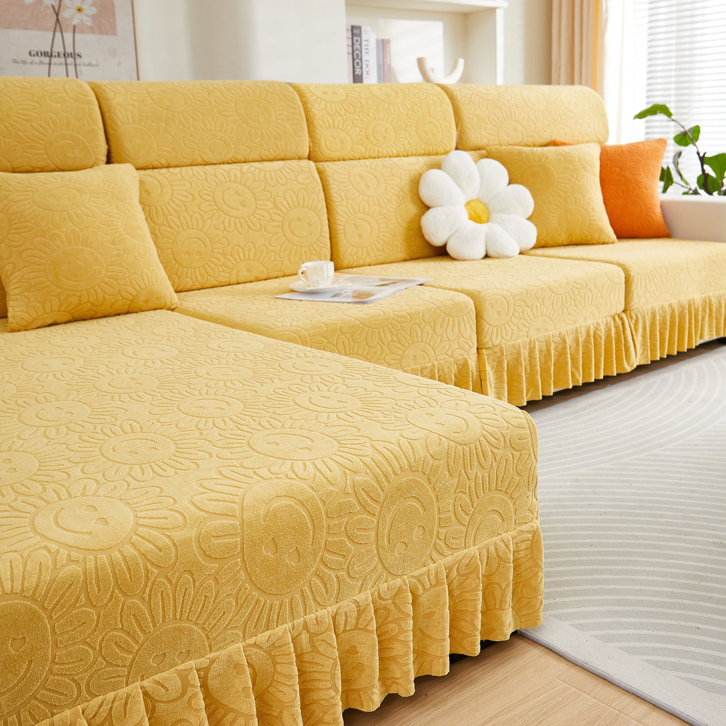 Sofa Seat Cover, Sunflower Patterned Elastic Skirted Couch Cushion Covers for 1/2/3/4-Seater Sofas on a yellow sofa in a living room