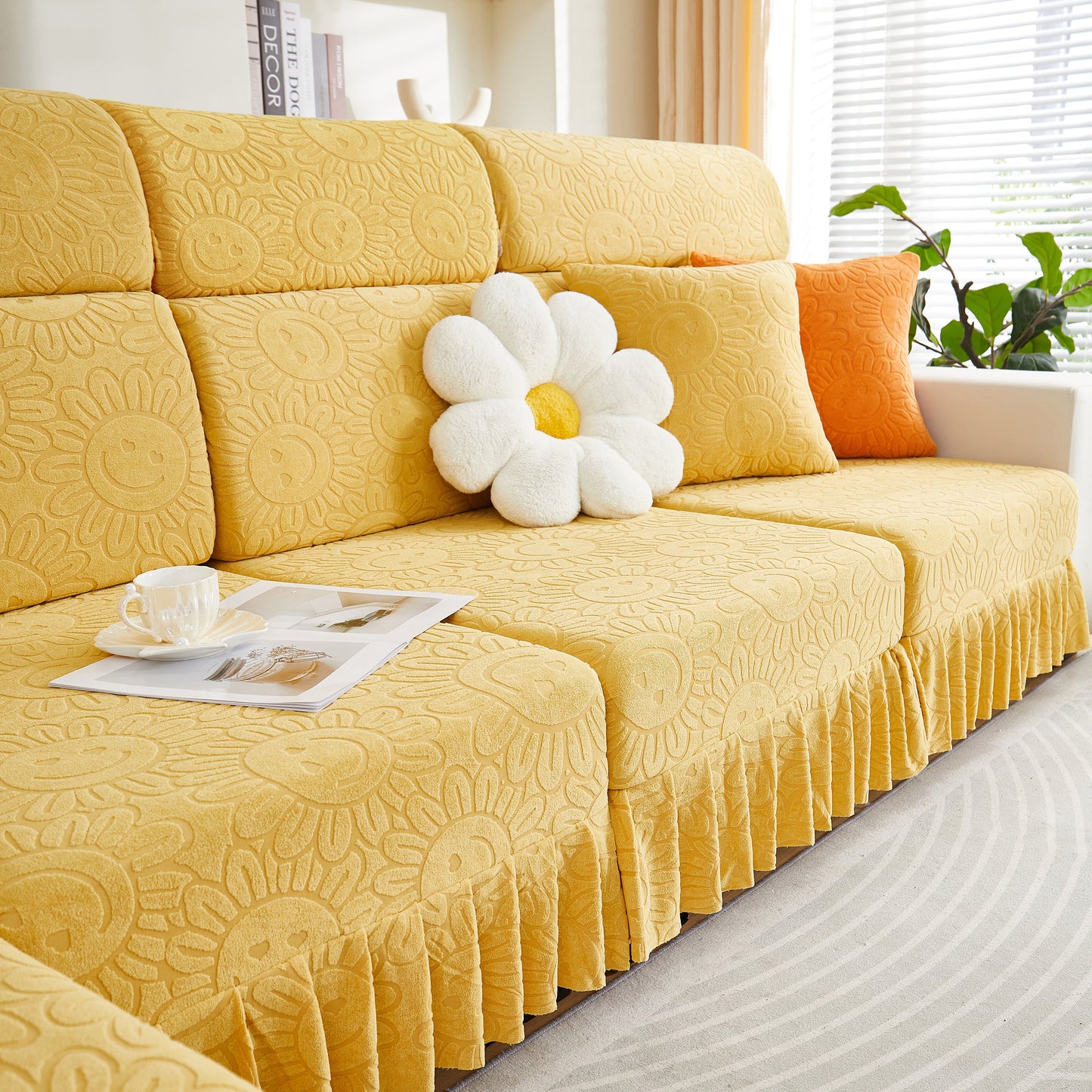 Sofa Seat Cover, Sunflower Patterned Elastic Skirted Couch Cushion Covers for 1/2/3/4-Seater Sofas displayed on a sofa.