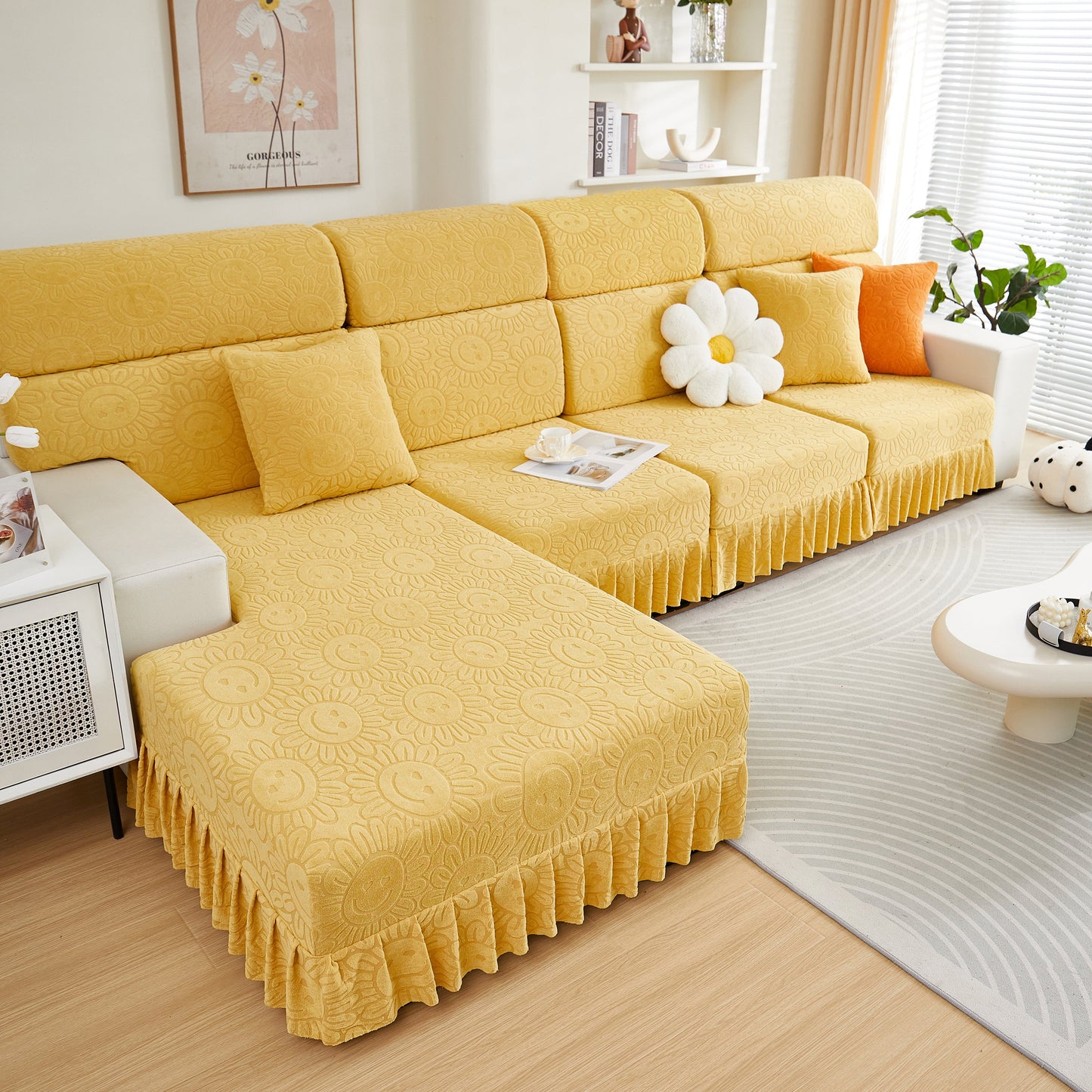 Sofa Seat Cover, Sunflower Patterned Elastic Skirted Couch Cushion Covers for 1/2/3/4-Seater Sofas in a bright living room setting.