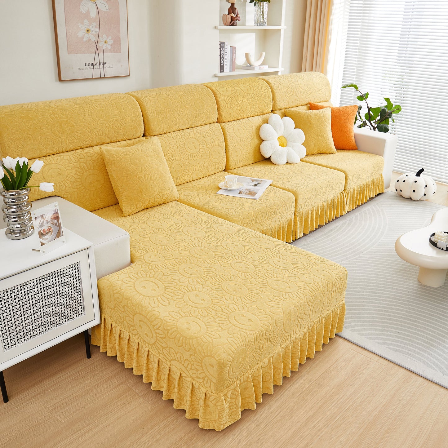 Sofa Seat Cover, Sunflower Patterned Elastic Skirted Couch Cushion Covers for 1/2/3/4-Seater Sofas in a modern living room