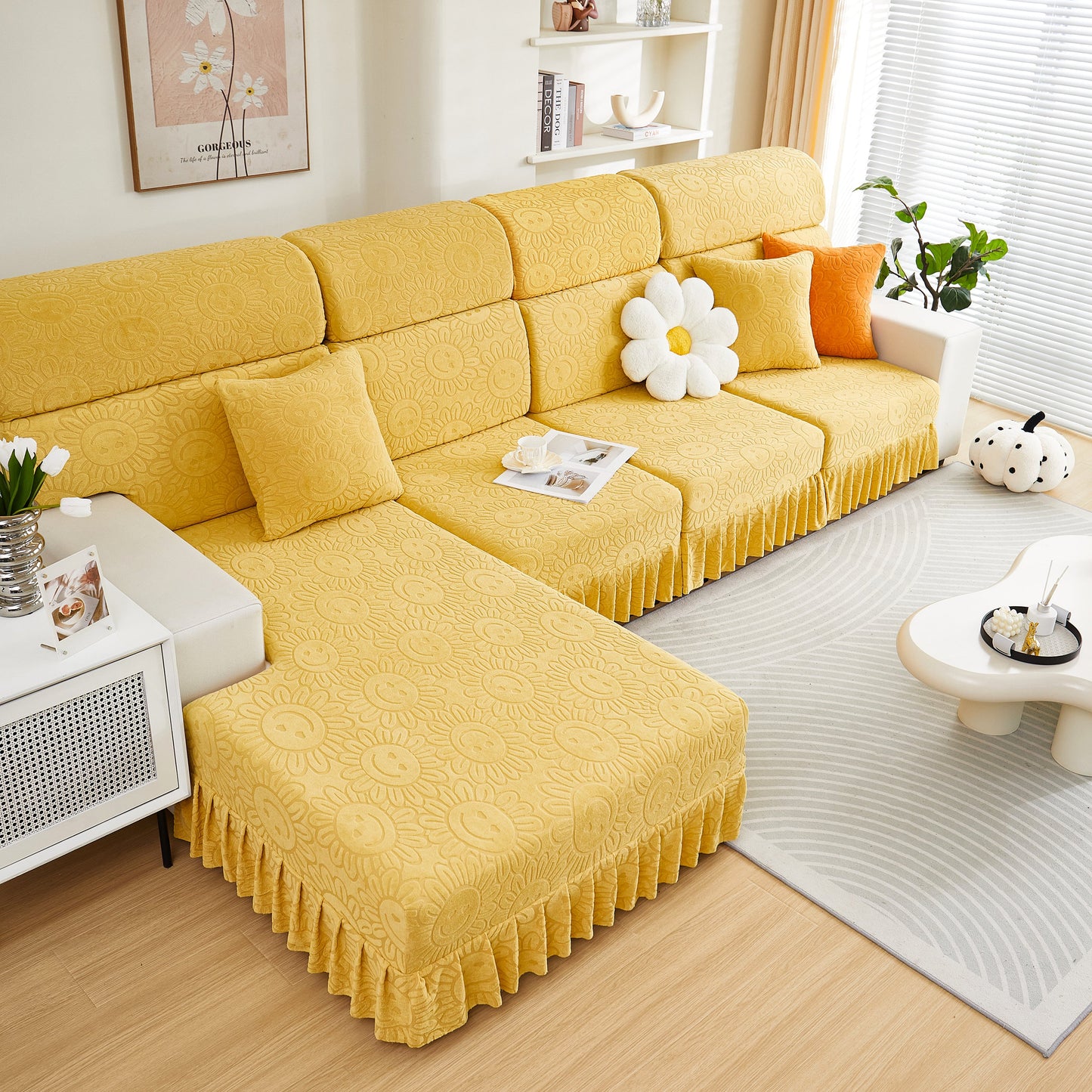 Sofa Seat Cover, Sunflower Patterned Elastic Skirted Couch Cushion Covers for 1/2/3/4-Seater Sofas in bright living room.