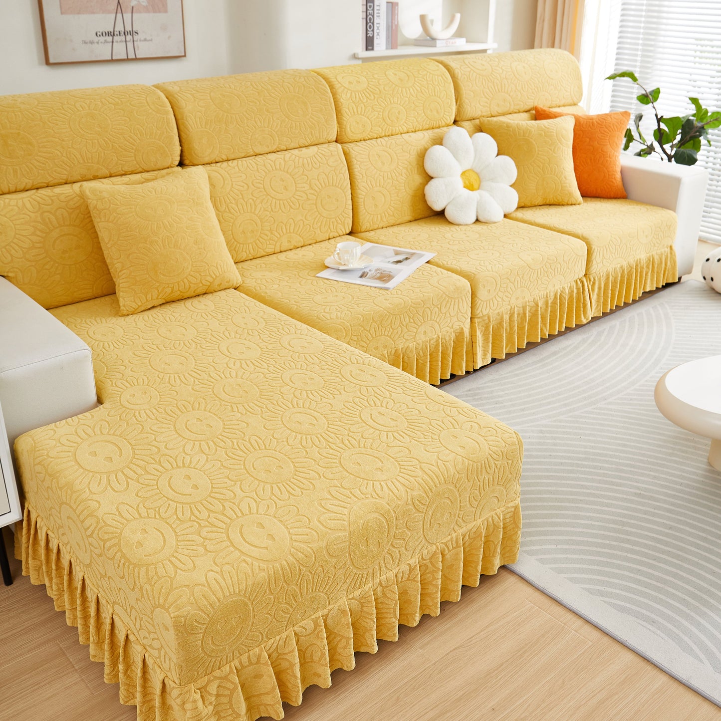 Sofa Seat Cover, Sunflower Patterned Elastic Skirted Couch Cushion Covers for 1/2/3/4-Seater Sofas displayed on a yellow couch