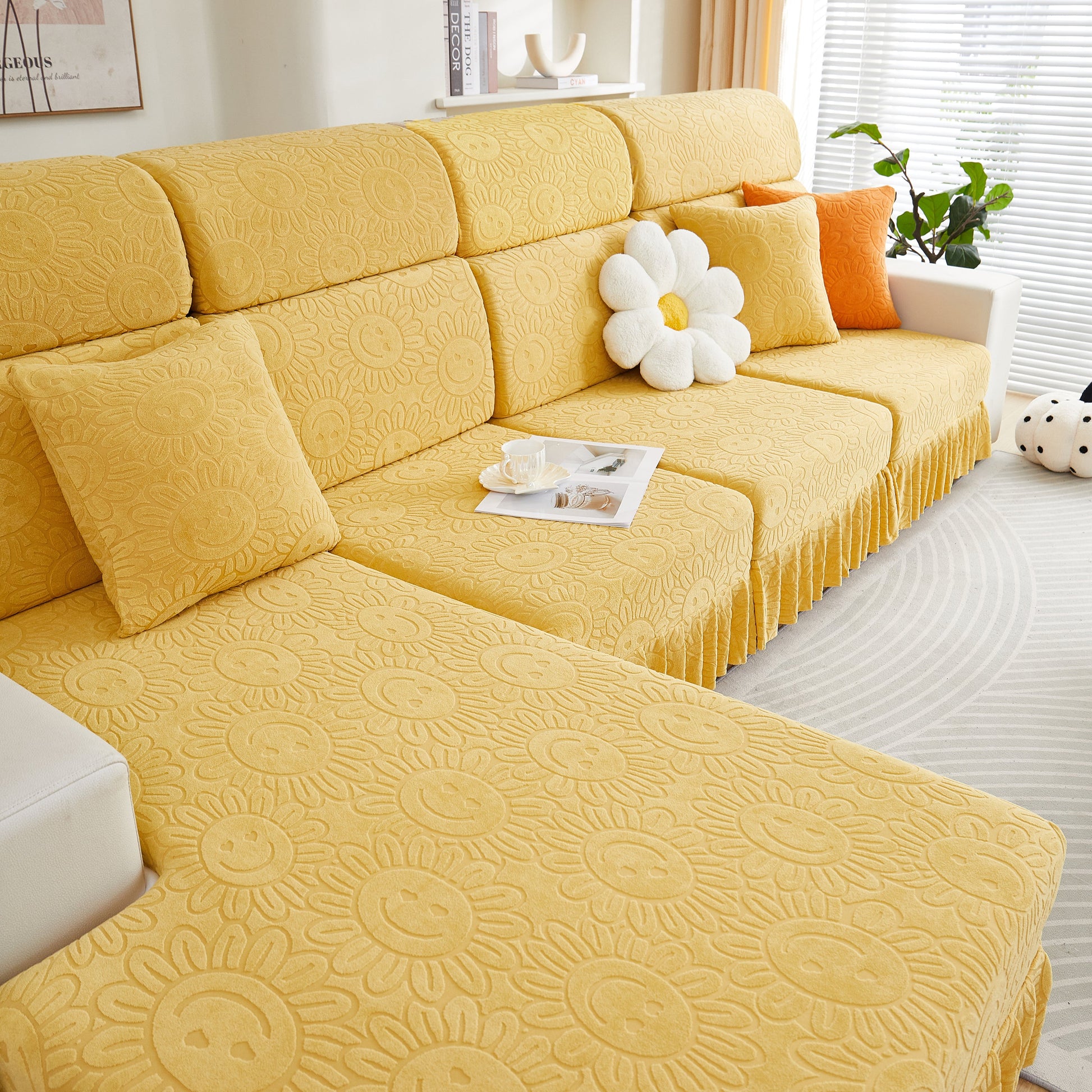 Sofa Seat Cover, Sunflower Patterned Elastic Skirted Couch Cushion Covers for 1/2/3/4-Seater Sofas in a sunny yellow room setting