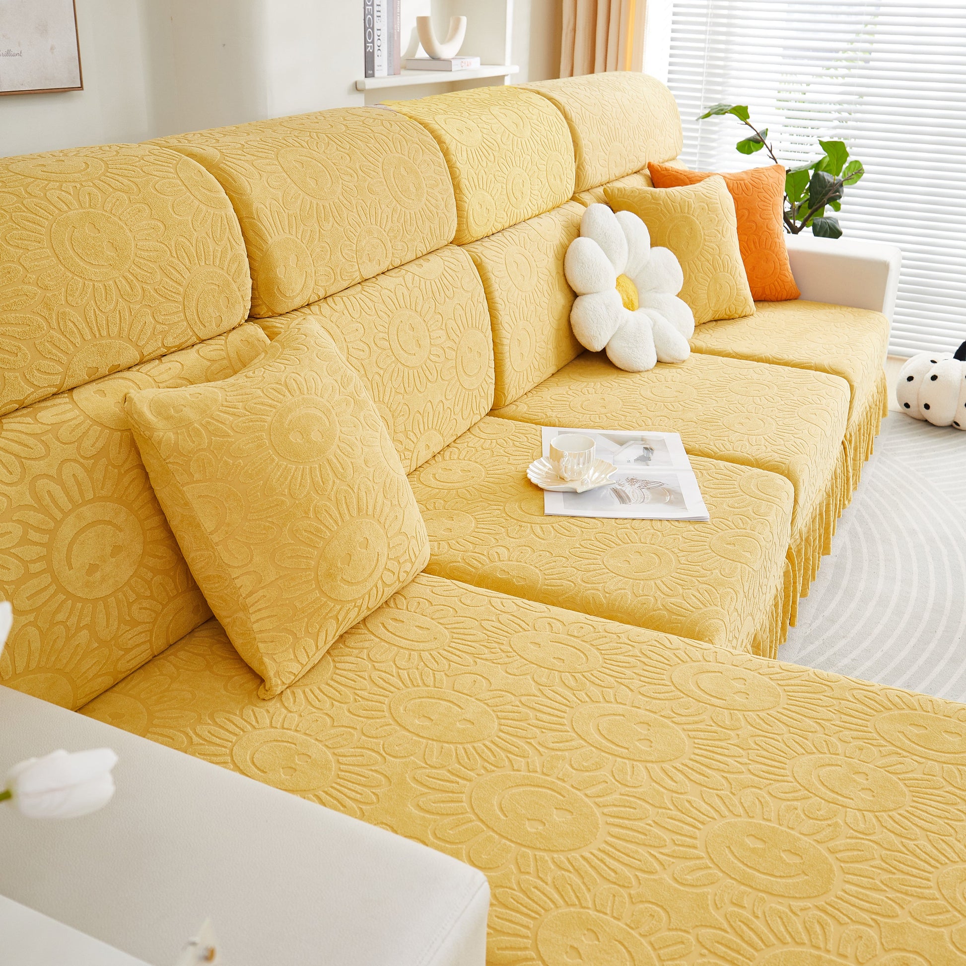 Sofa Seat Cover, Sunflower Patterned Elastic Skirted Couch Cushion Covers for 1/2/3/4-Seater Sofas in bright living room.