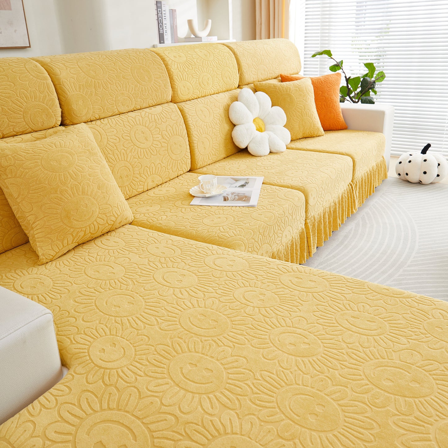 Sofa Seat Cover, Sunflower Patterned Elastic Skirted Couch Cushion Covers for 1/2/3/4-Seater Sofas on yellow sofa with decor.