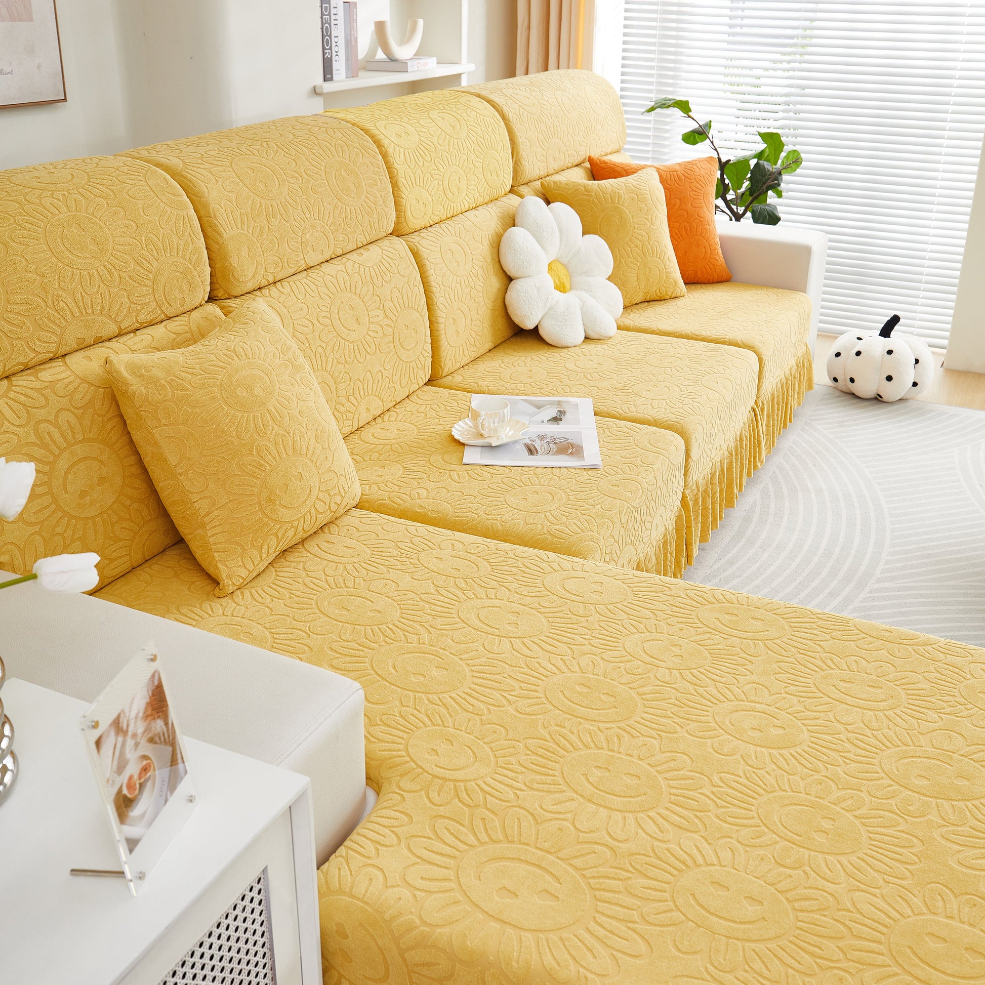 Sofa Seat Cover, Sunflower Patterned Elastic Skirted Couch Cushion Covers for 1/2/3/4-Seater Sofas displayed on a cozy living room sofa
