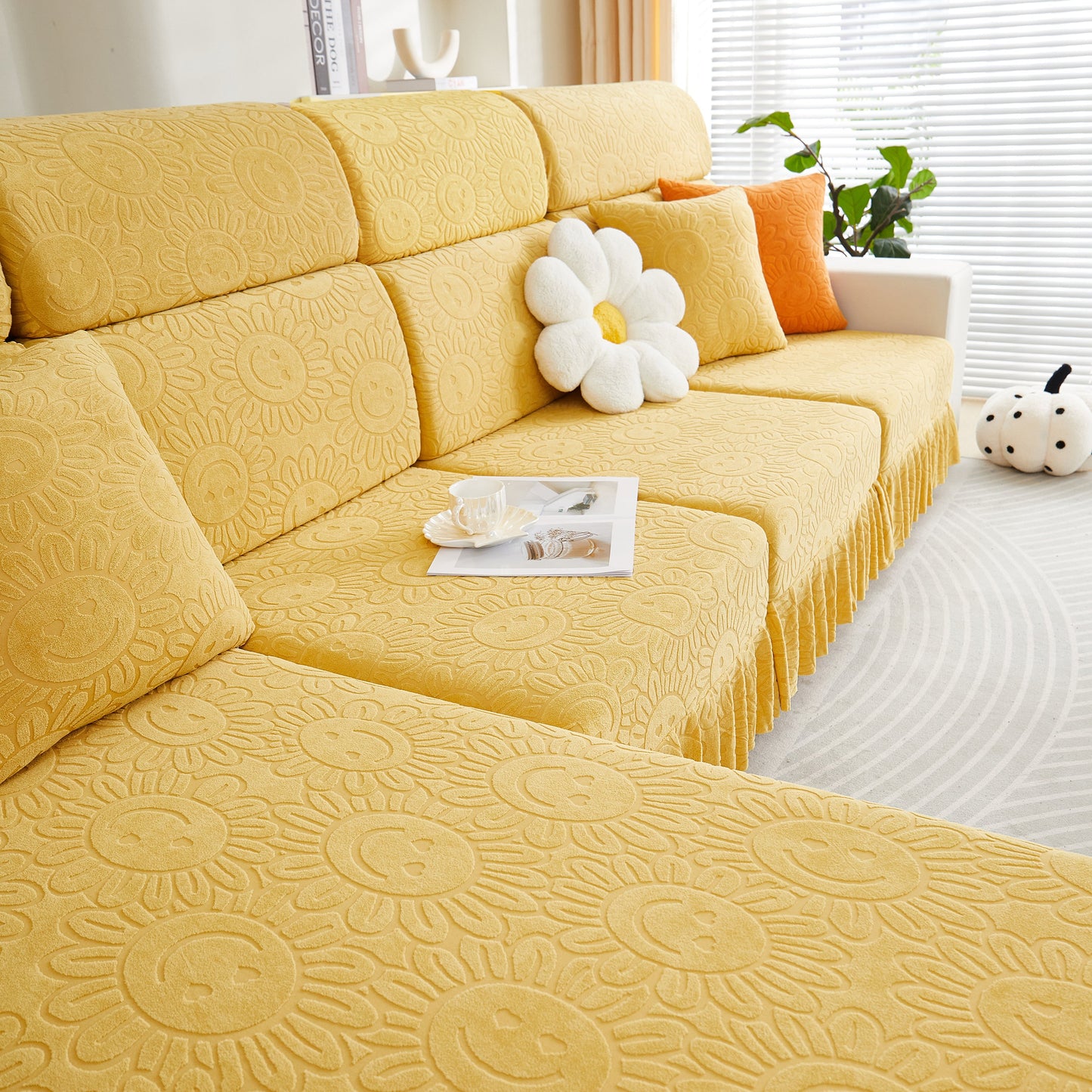 Sofa Seat Cover, Sunflower Patterned Elastic Skirted Couch Cushion Covers for 1/2/3/4-Seater Sofas in a living room setting.