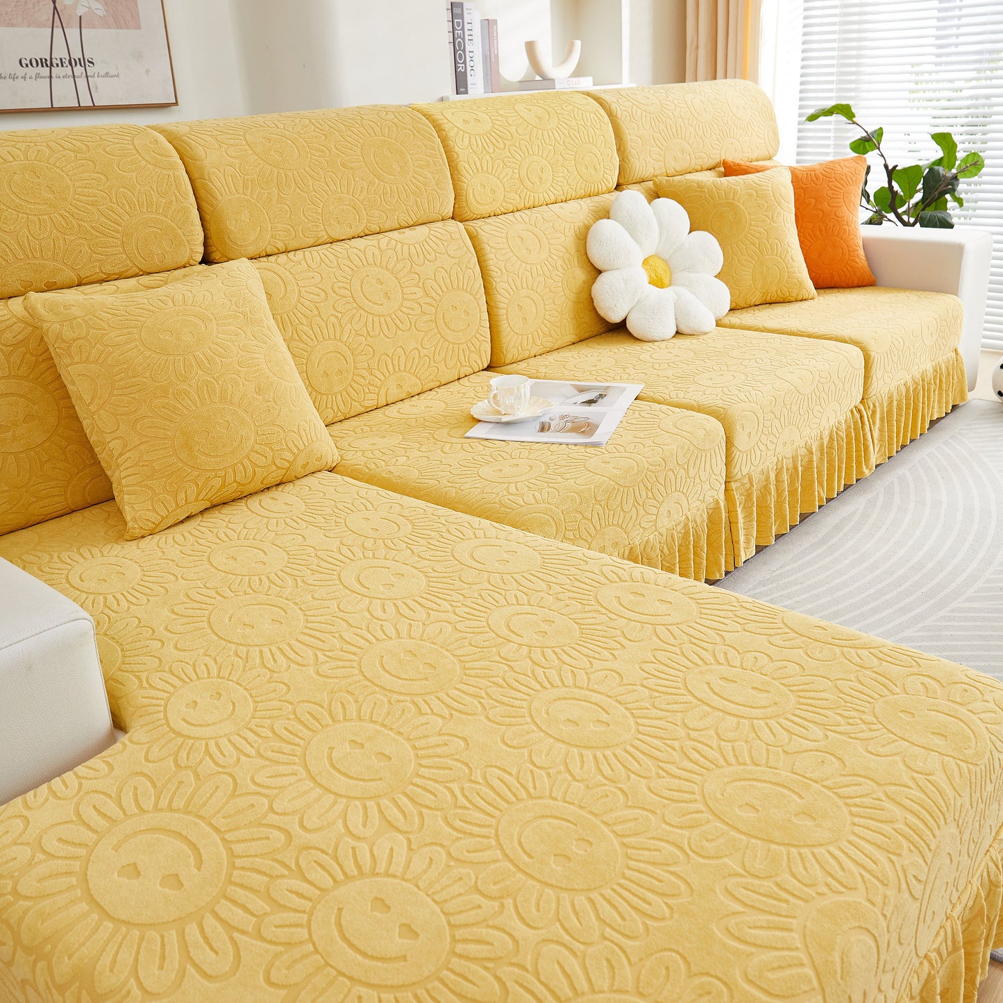 Sofa Seat Cover, Sunflower Patterned Elastic Skirted Couch Cushion Covers for 1/2/3/4-Seater Sofas in a bright living room.